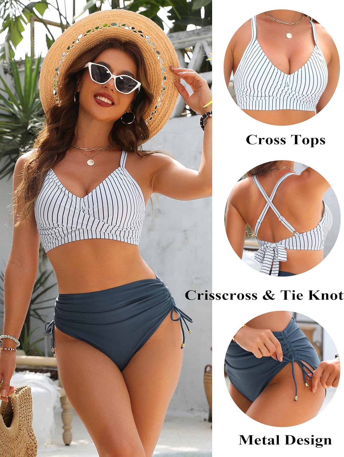 Savaviaswim - Womens High Waisted Bikini Sets Drawstring Tummy Control Swimsuits Crisscross Tie Back Bathing Suit