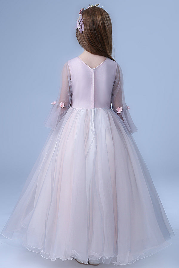 Cute V Neck Long Sleeves Tulle Floor Length A Line With Appliques Flower Girl Dresses