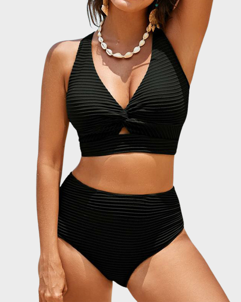 Savaviaswim - Textured Knot-Front High-Waisted Bikini Set