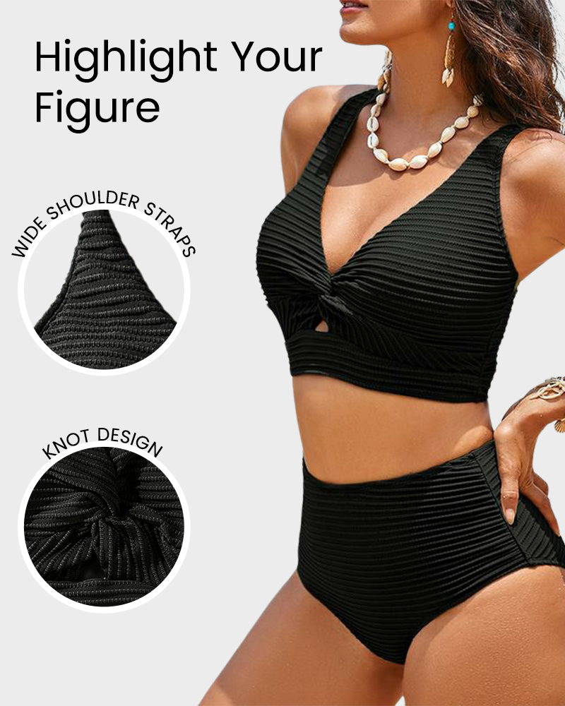 Savaviaswim - Textured Knot-Front High-Waisted Bikini Set