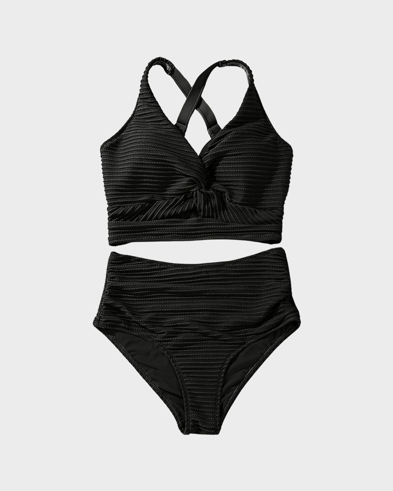 Savaviaswim - Textured Knot-Front High-Waisted Bikini Set