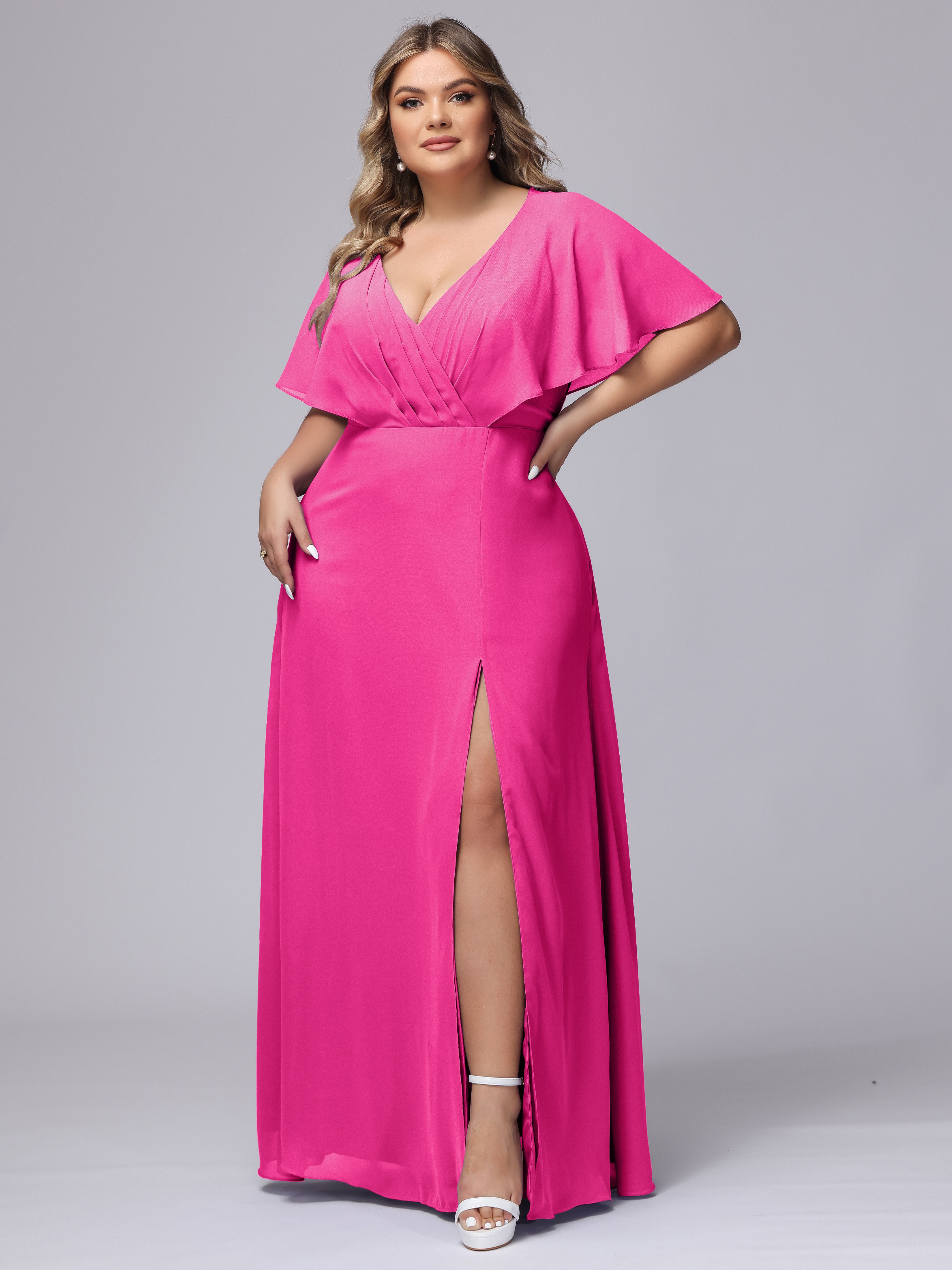 V-Neck Chiffon Short Sleeves Plus Size  Bridesmaid Dresses