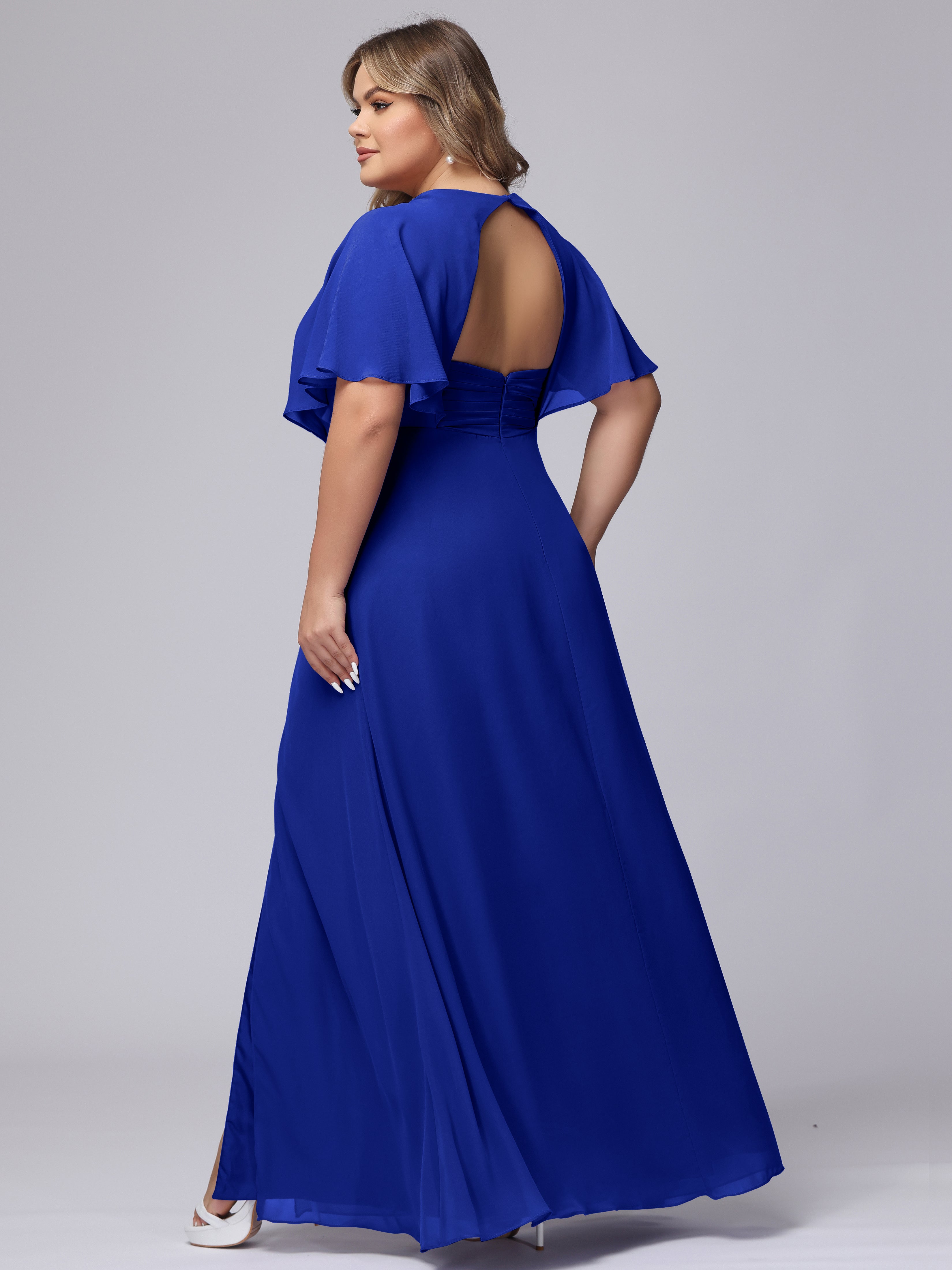 V-Neck Chiffon Short Sleeves Plus Size  Bridesmaid Dresses