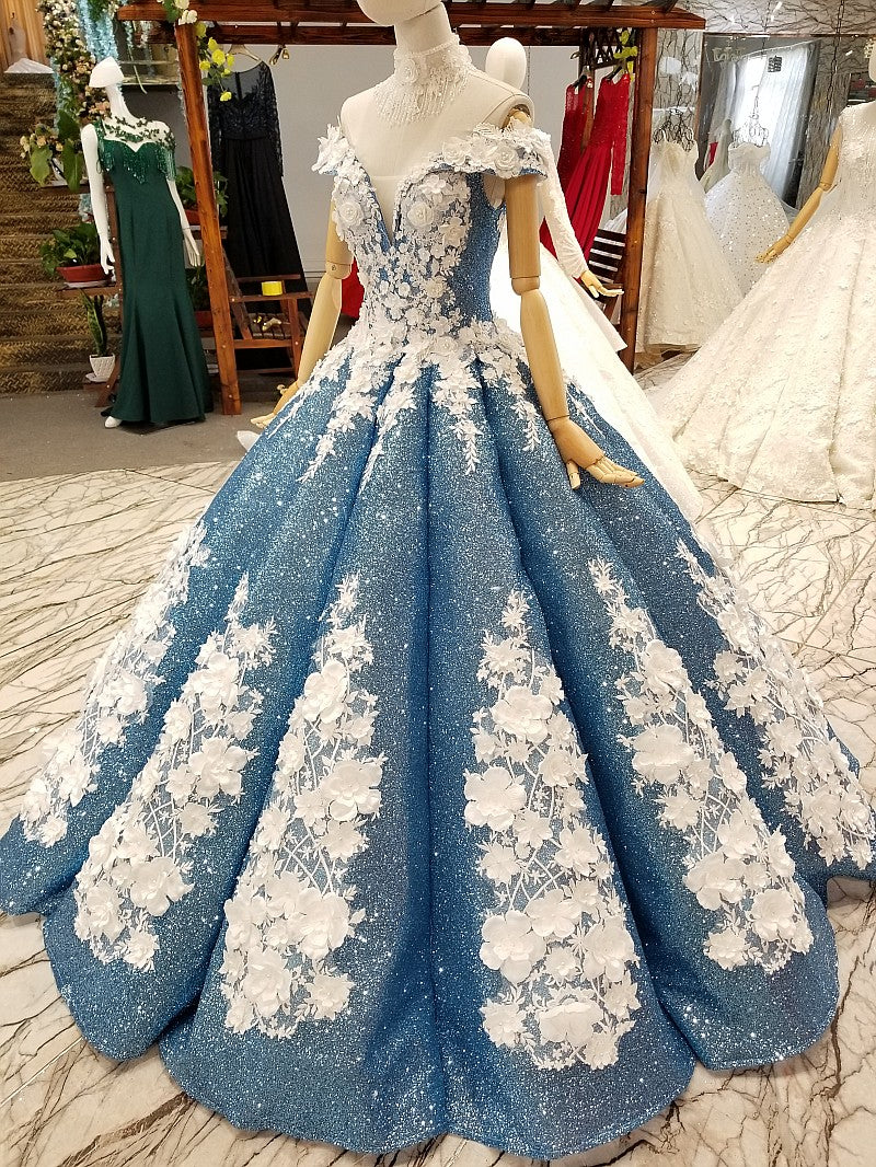 Glitter Blue Off The Shoulder Lace Up Long Ball Gown Wedding Dresses Princess Dresses