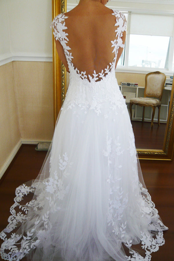 Capped Sleeve Open Back Cheap Wedding Gowns,Lace Appliques Beach Wedding Dress W91 - Ombreprom