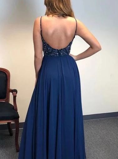 Dark Navy A-line Spaghetti Straps Backless Beaded Long Prom Dresses