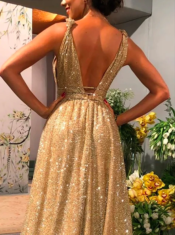 Sparkly Gold V Neck A-line Long Prom Dresses Evening Dresses