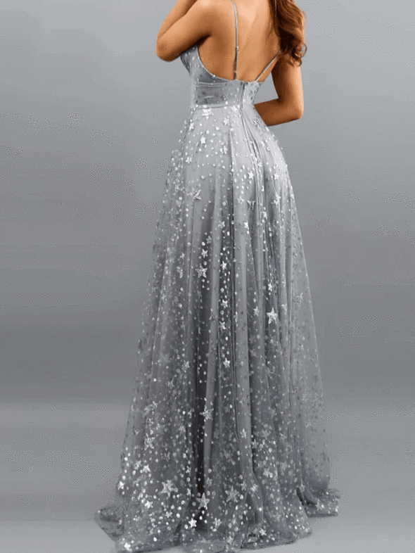 Glittering Gray A-Line V-Neck Sleeveless Split Engagement Prom Dresses