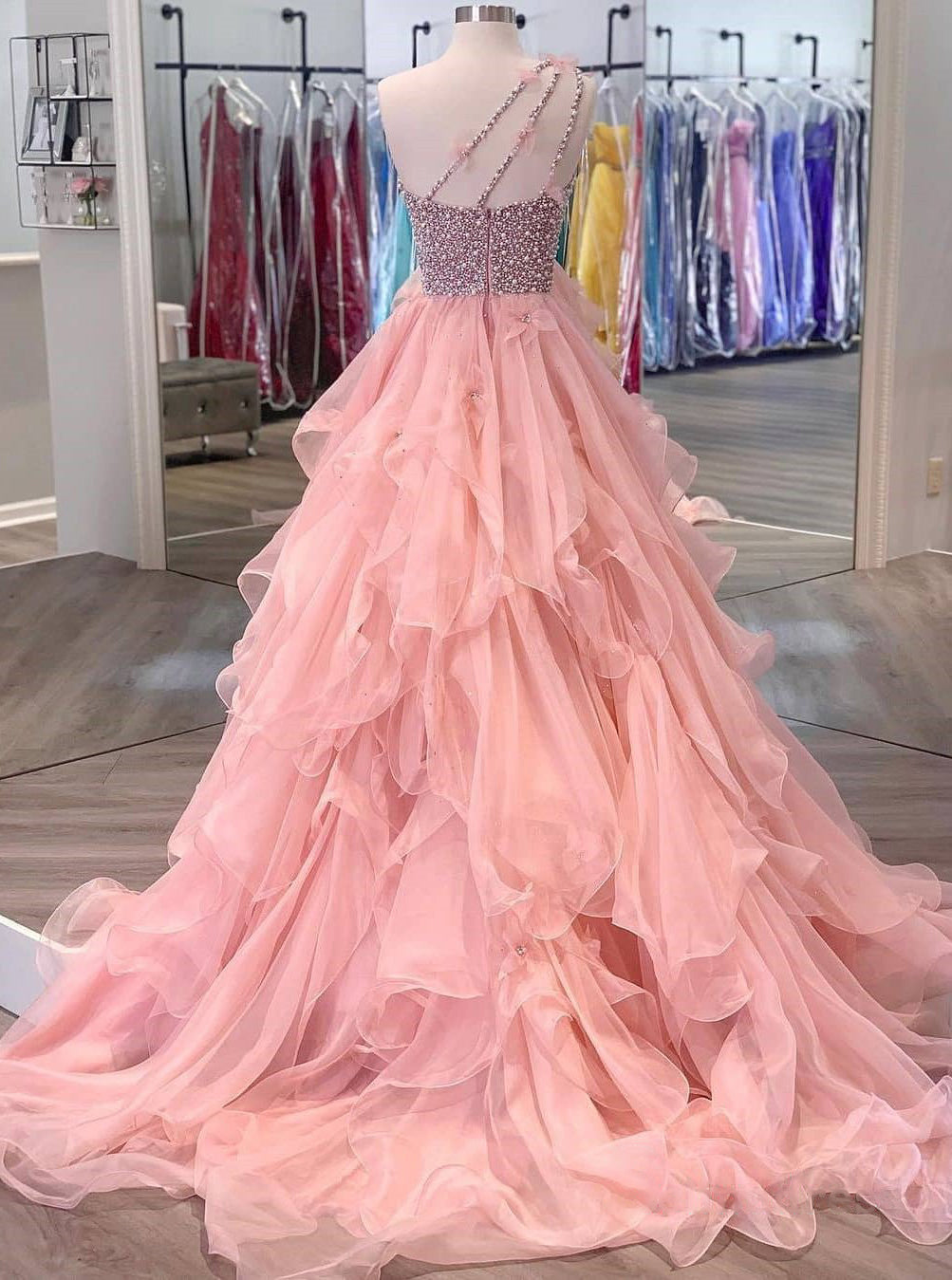 One Shoulder A-line Peach Beaded Flouncing Long Prom Dresses