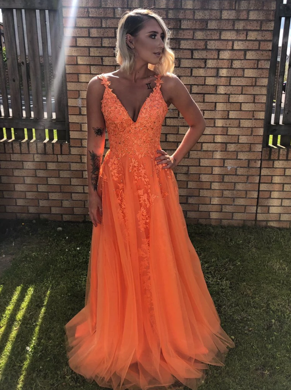 A Line V Neck Backless Lace Appliques Formal Dresses Orange Prom Dress