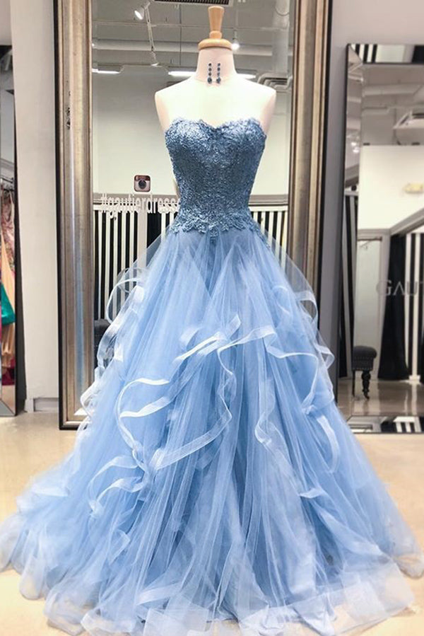 Gorgeous A Line Sweetheart Appliques Lace Prom Dresses with Ruffles P913