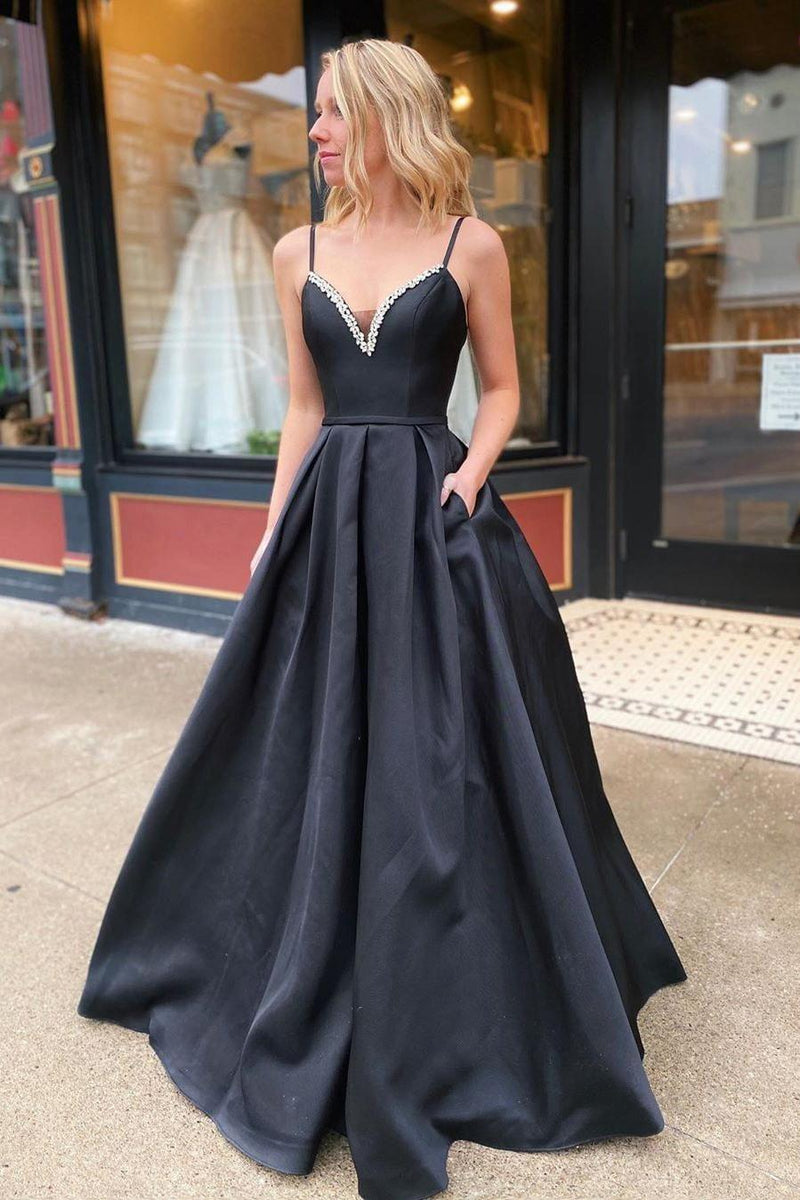 Elegant A-line Spaghetti Straps Black Prom Dresses Long Evening Dresse Elegant A-line Spaghetti Straps Black Prom Dresses Long Evening Dresse