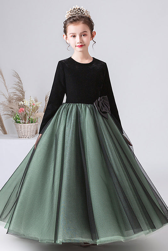 A Line Dark Green Long Sleeves Tulle Flower Girl Dresses