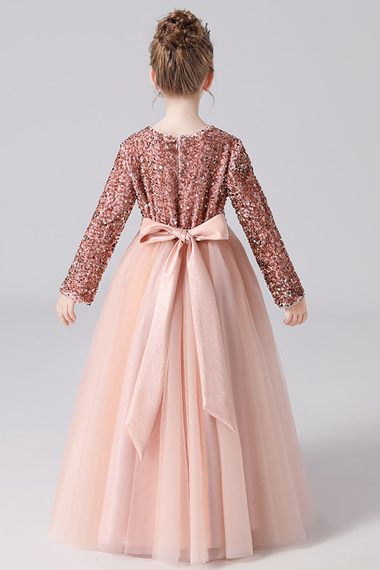 Long Sleeve Sequins Floor Length Tulle Flower Girl Dresses