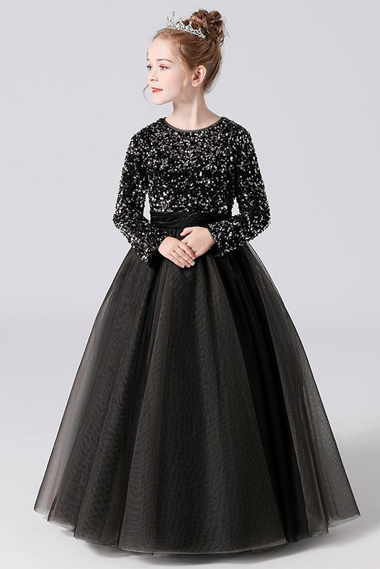 Long Sleeve Sequins Floor Length Tulle Flower Girl Dresses