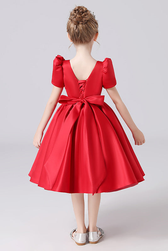 A Line Red Short Sleeve Flower Girl Dresses With Bownot