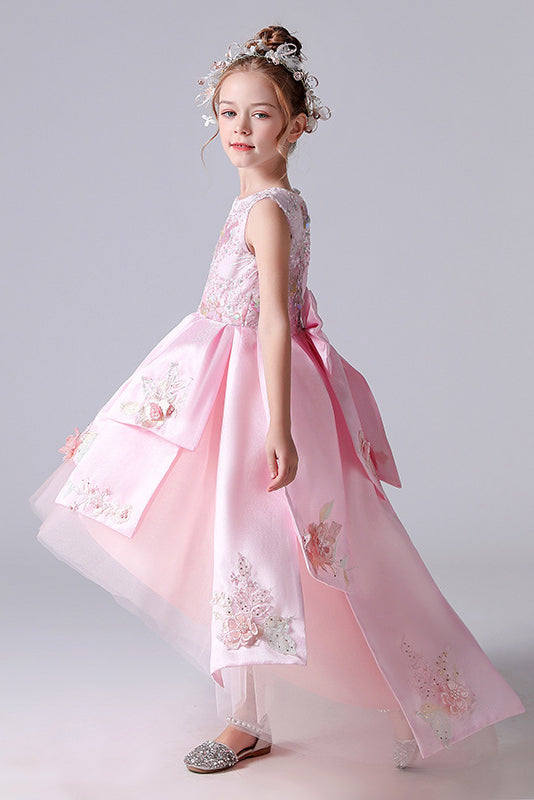 Pink Sleeveless Round Neck Appliques Flower Girl Dresses