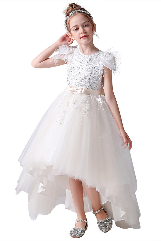 A- Line Cap Sleeve Hi-Low Tulle Beading Flower Girl Dresses