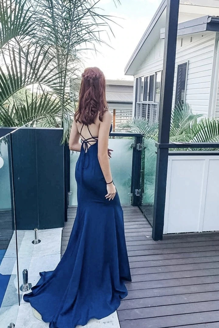 Simple Navy Blue Mermaid Spaghetti Straps Evening Dresses V Neck Long Prom Dresses