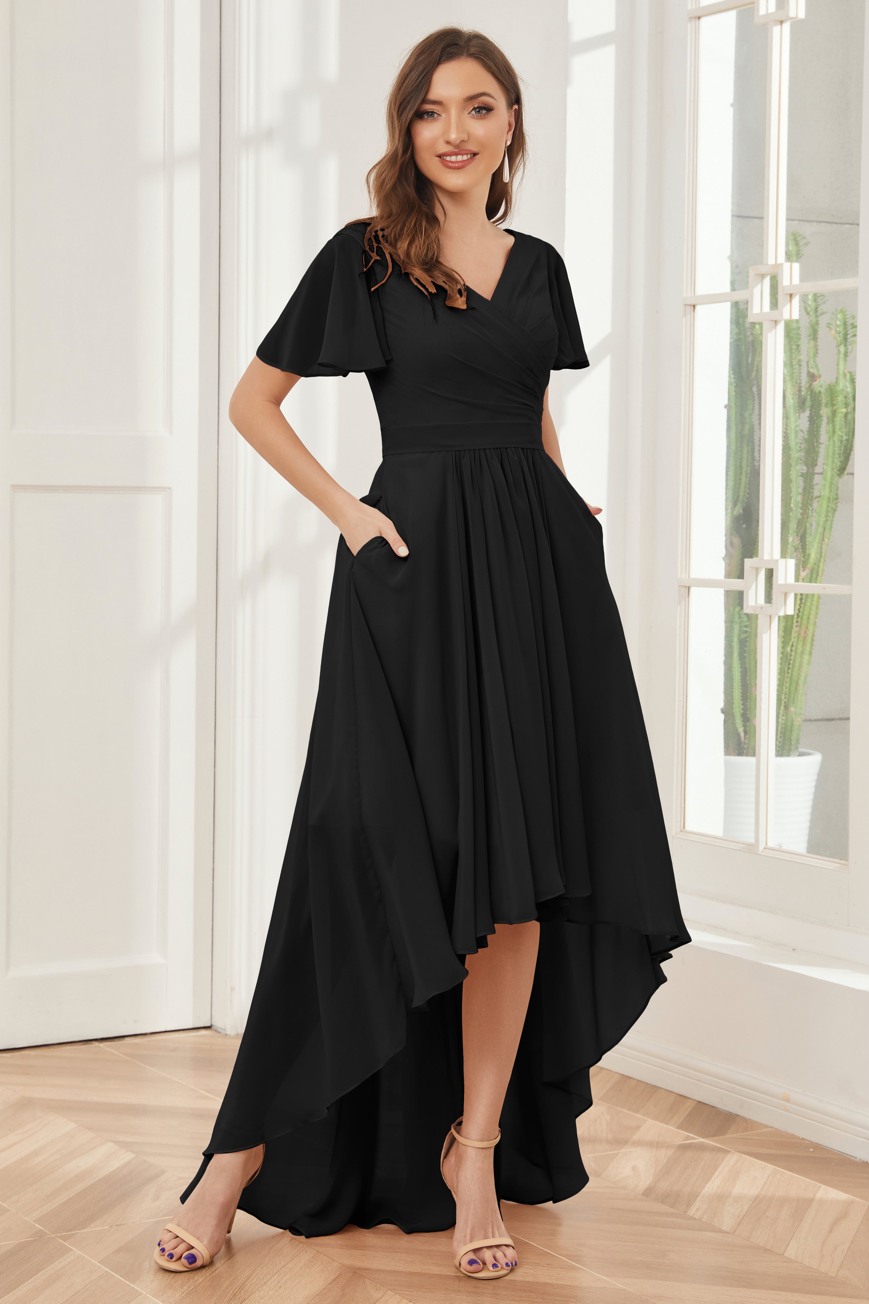 A line Short Sleeves High Low Chiffon Bridesmaid Dresses