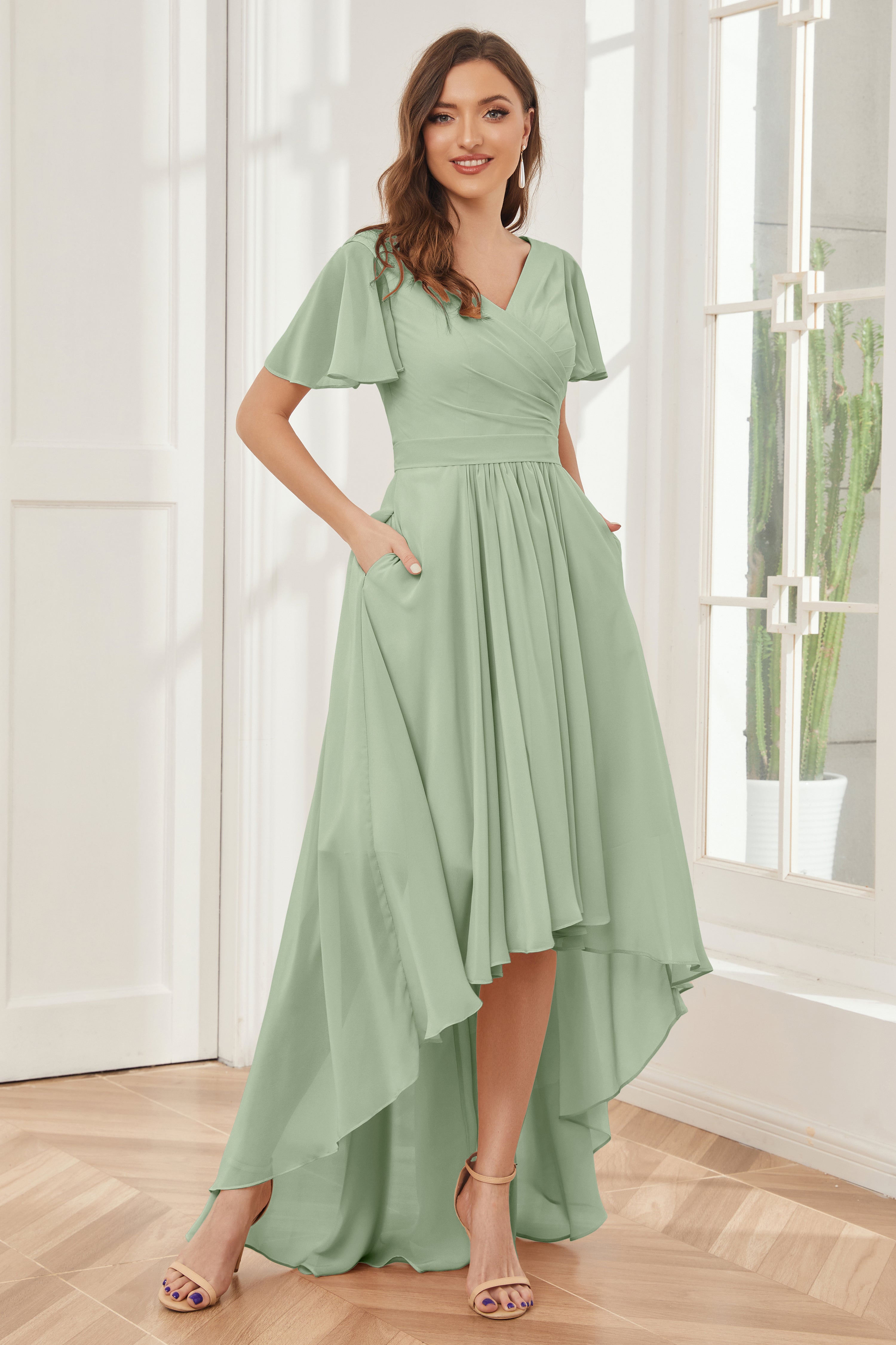 A line Short Sleeves High Low Chiffon Bridesmaid Dresses