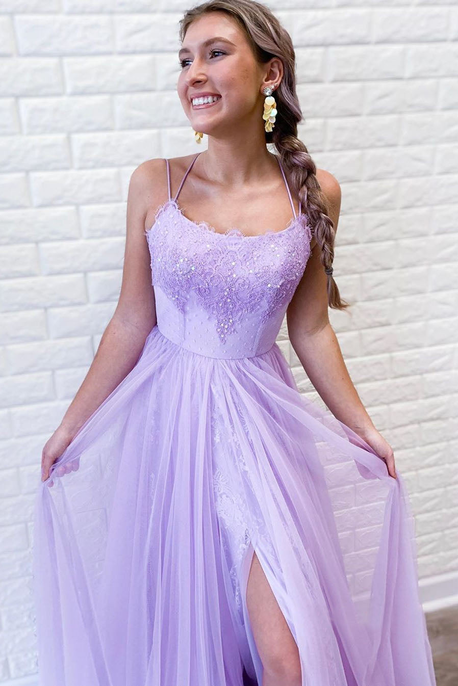 Spaghetti Straps Lavender A-Line Tulle Appliques Long Prom Dresses with Slit