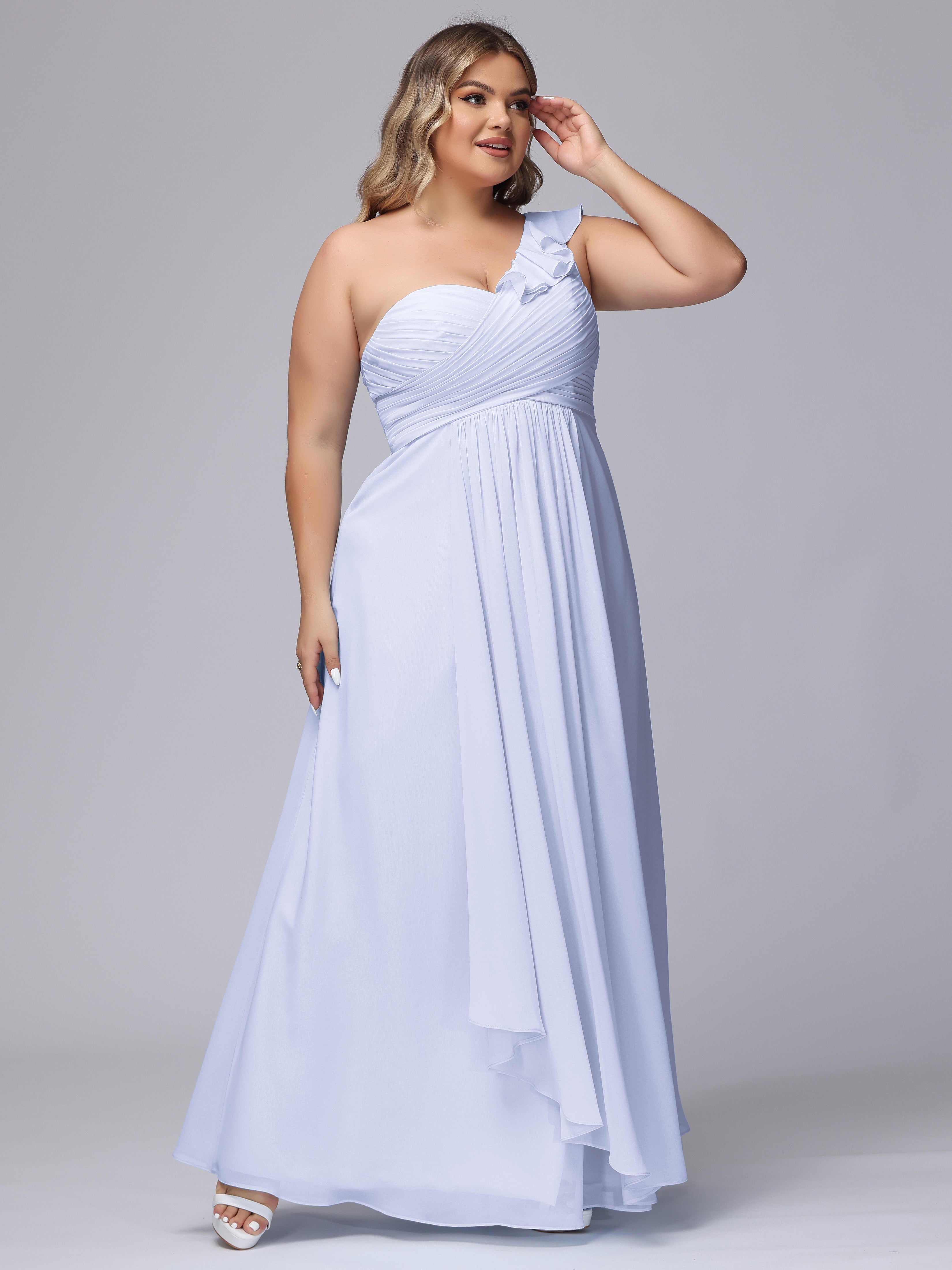 Flowy One Shoulder Ruffles Chiffon Plus Size Bridesmaid Dresses