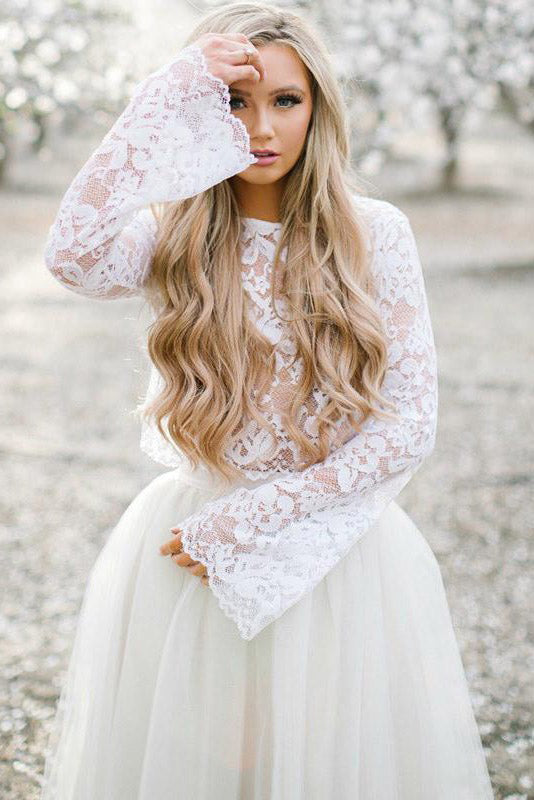 Ivory Two Piece Long Sleeves A Line Tulle Homecoming Dresses