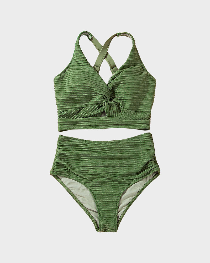 Savaviaswim - Textured Knot-Front High-Waisted Bikini Set
