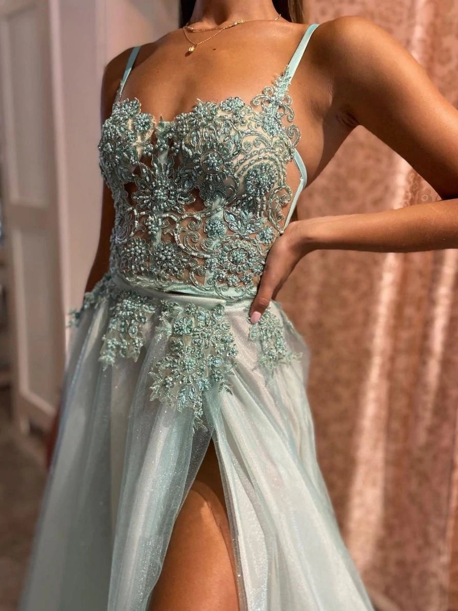 Mint Green Tulle Lace A Line Appliques Long Prom Dresses