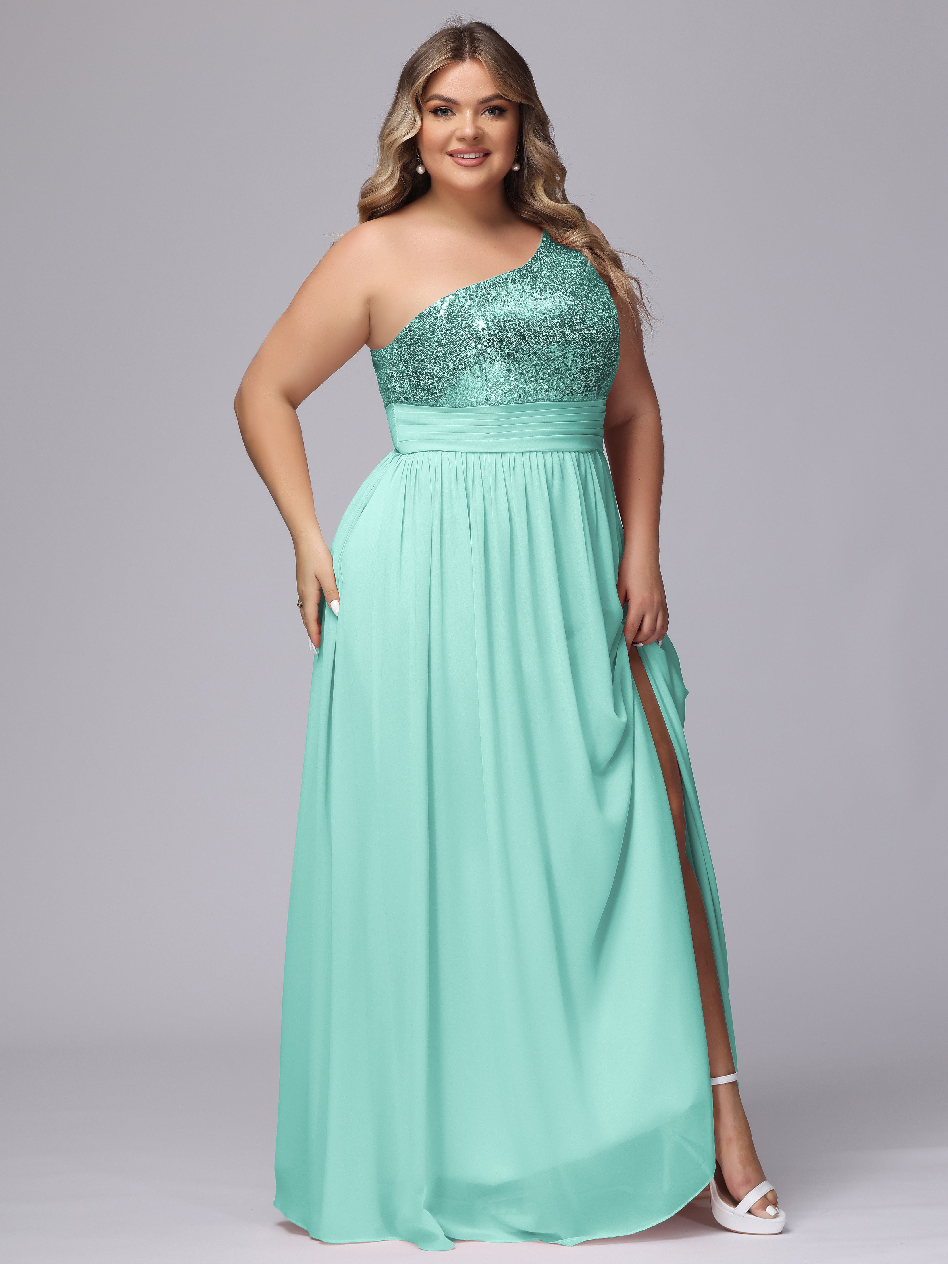 One Shoulder Sequins Plus Size Bridesmaid Dress with Pockets