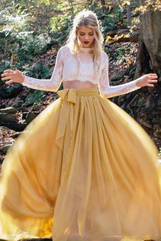 Yellow Two Pieces Long Sleeve Rustic Country See Through Wedding Dress