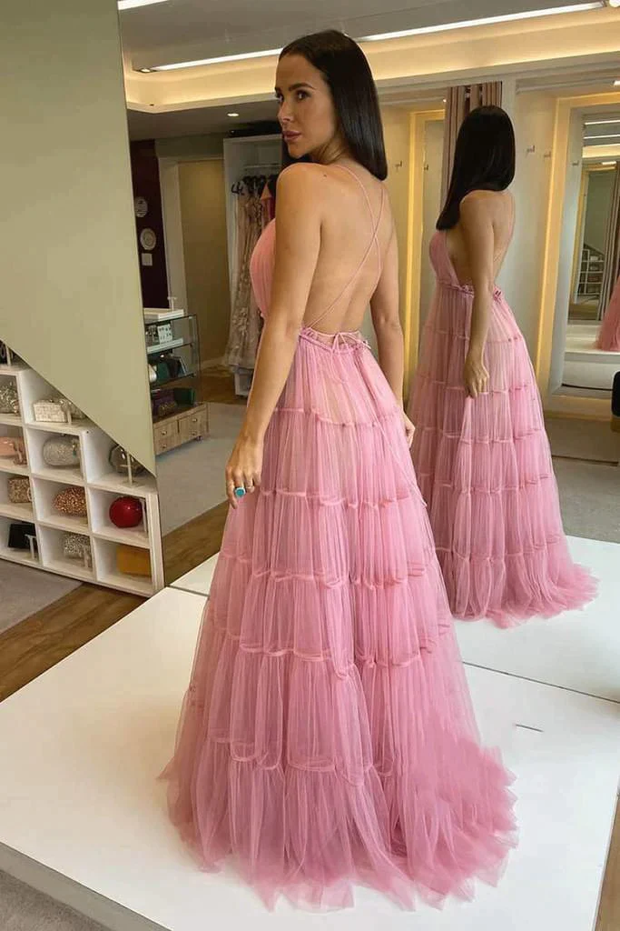 Spaghetti Straps Tulle Open Back Formal Prom Dress