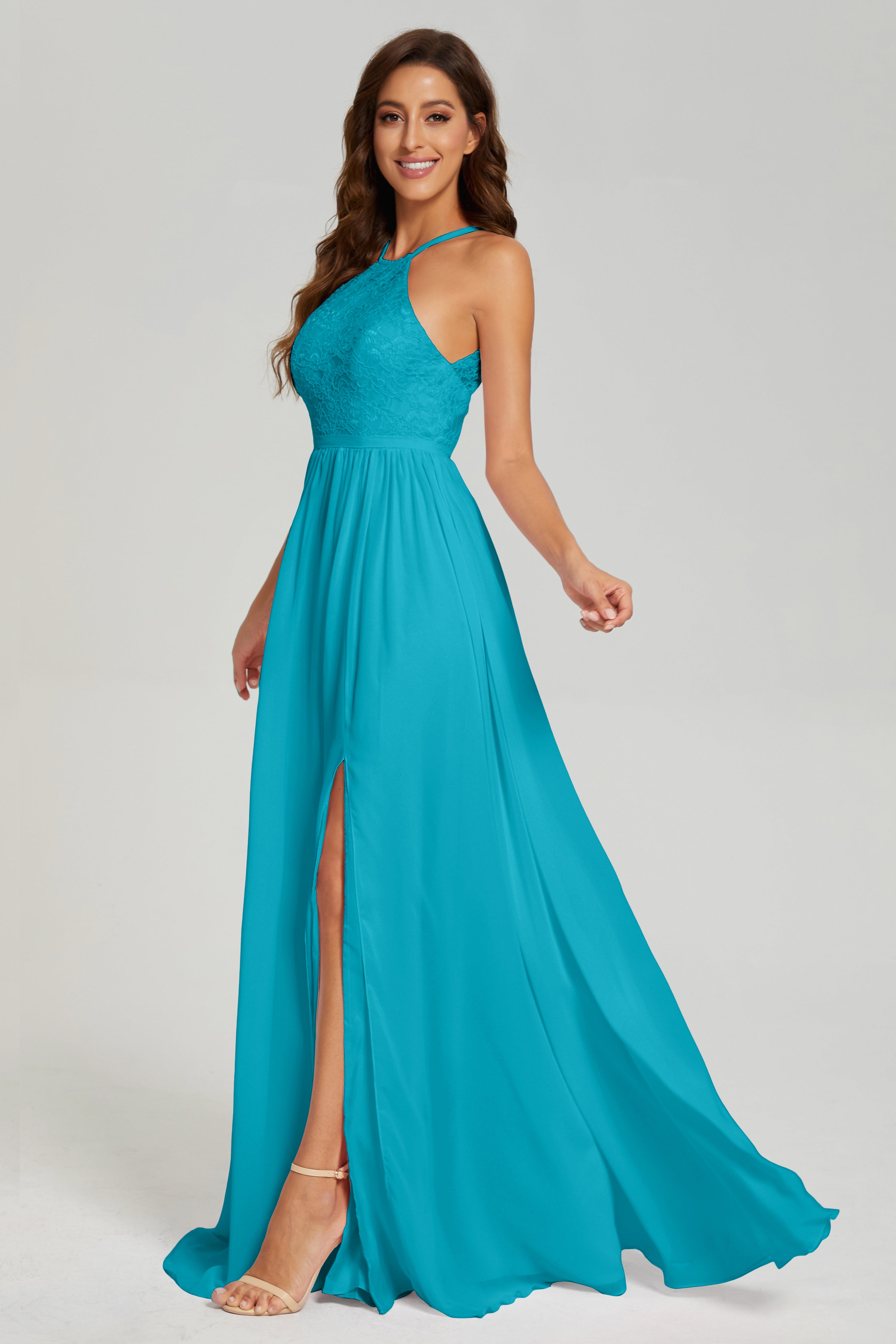 A-line Split Halter Prom Dresses