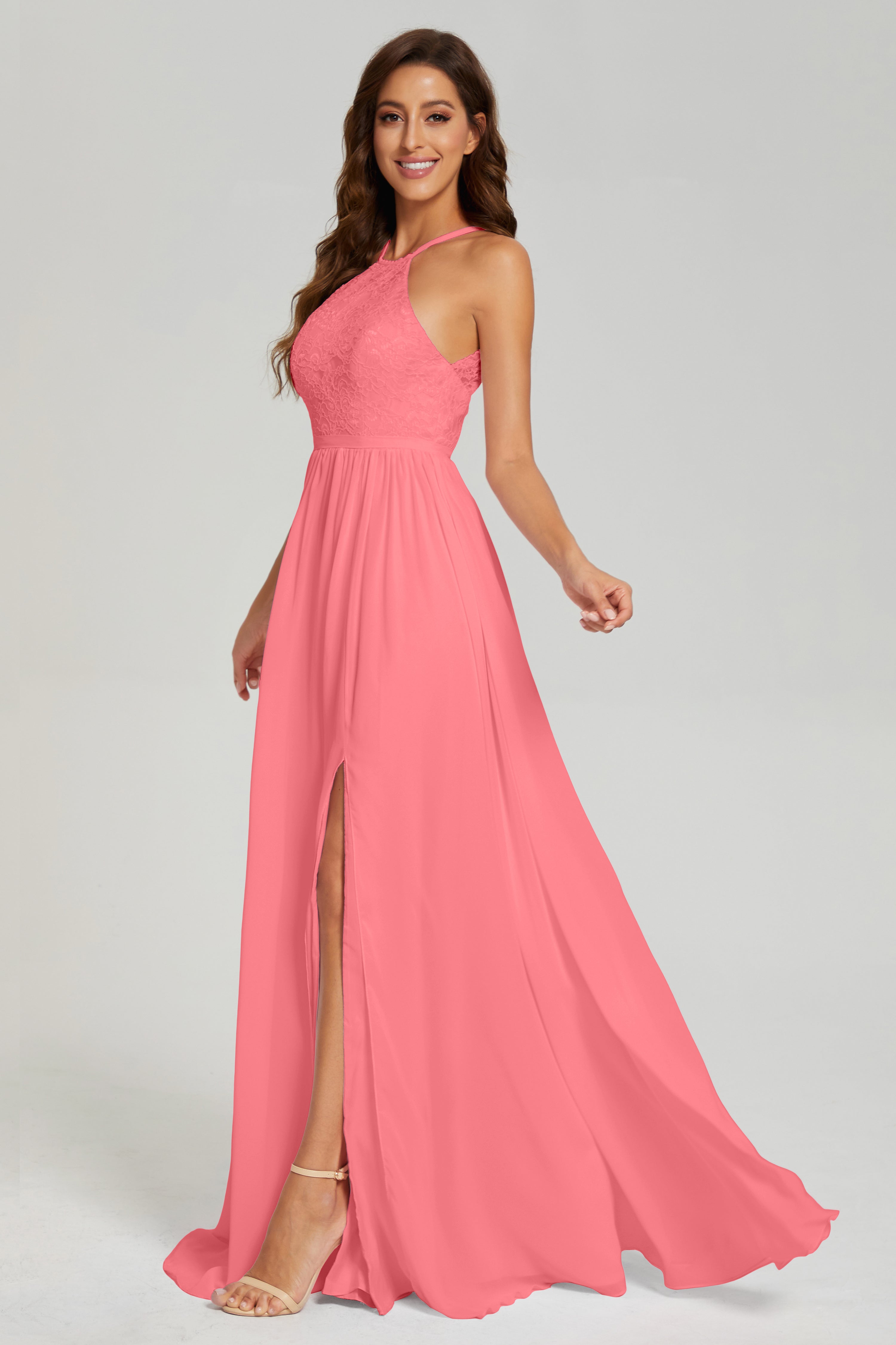 A-line Split Halter Prom Dresses