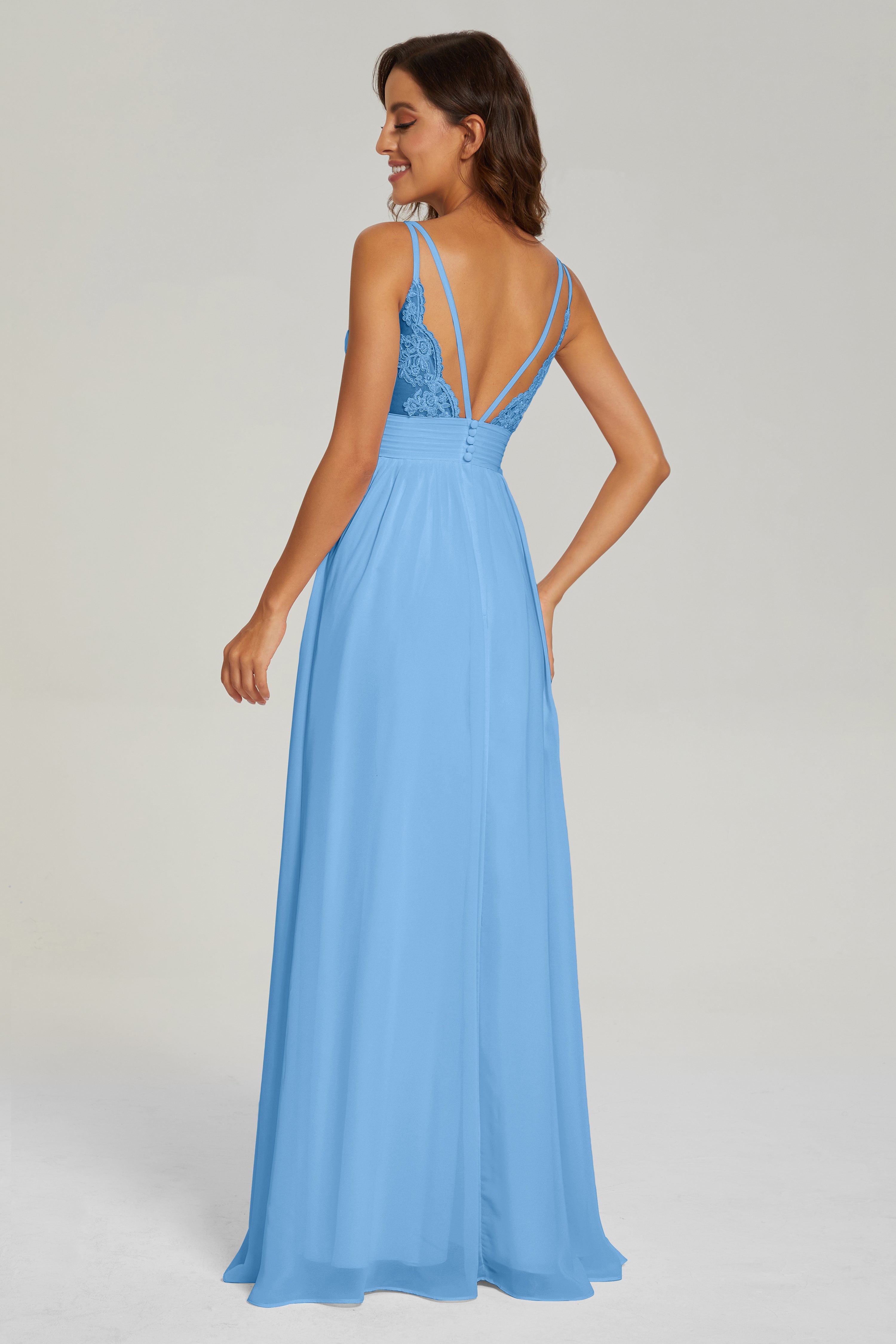 A-line V Neck Pleating Long Chiffon Prom Dresses