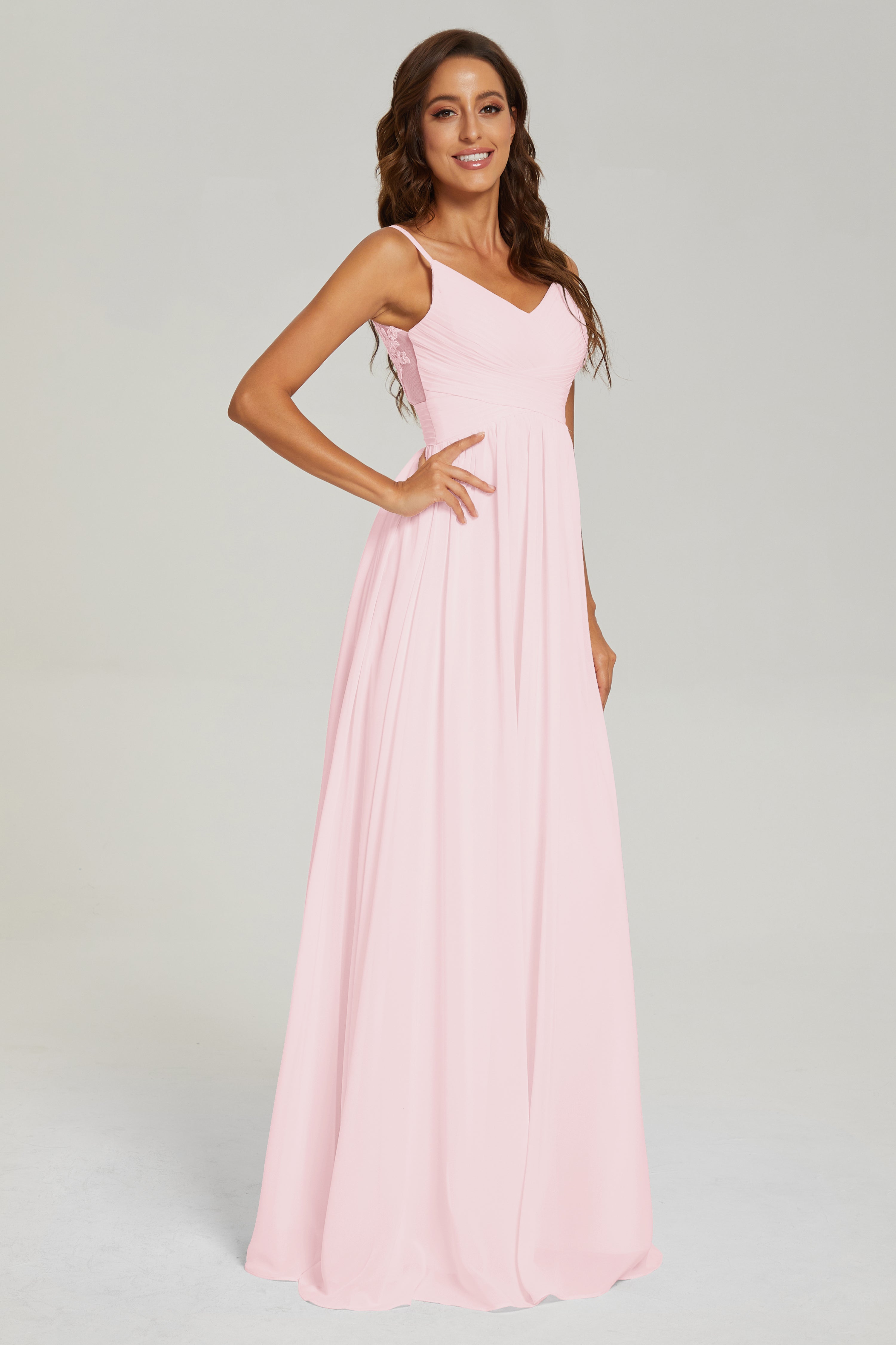 A-line V Neck Pleating Long Chiffon Prom Dresses