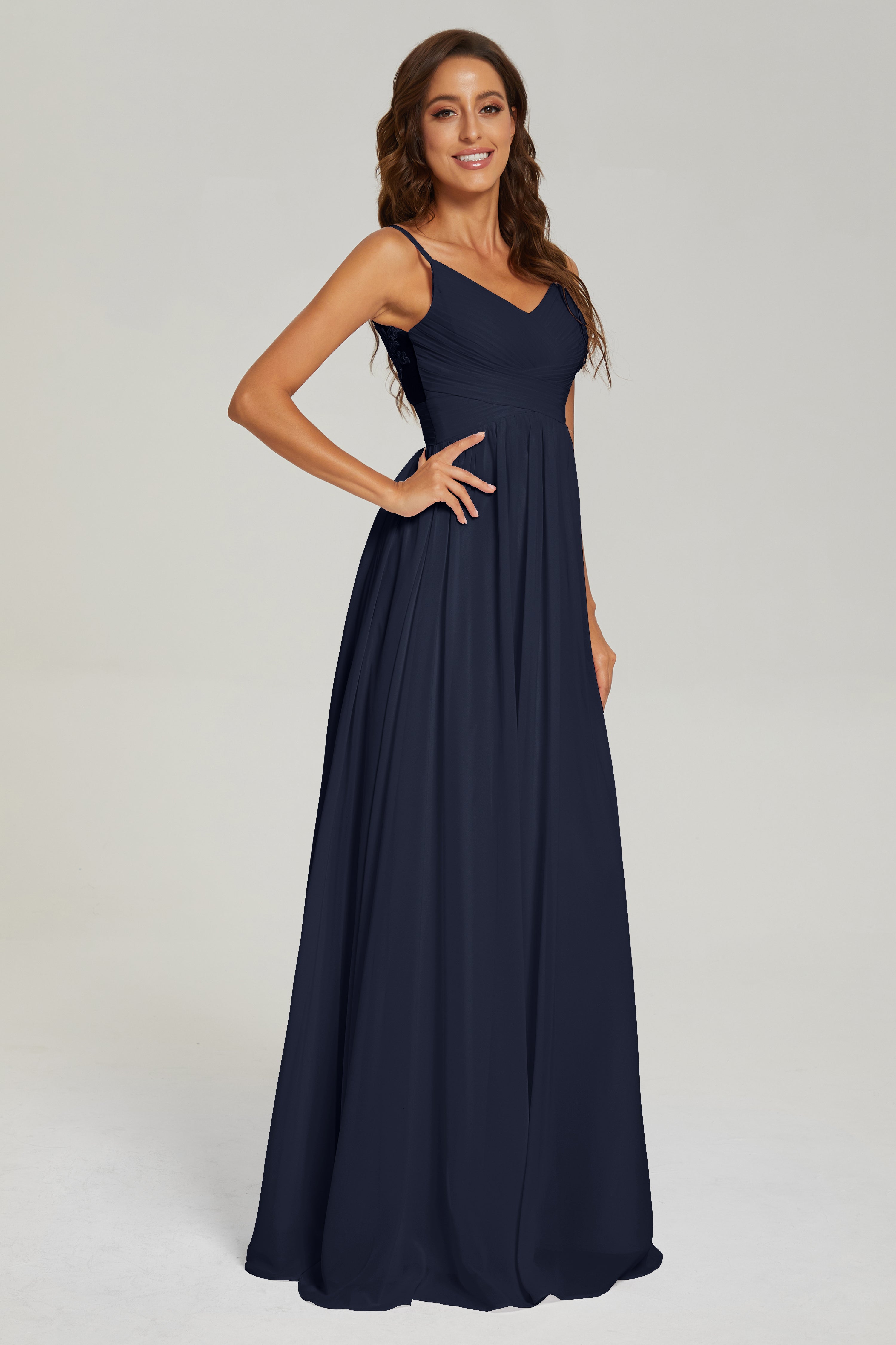 A-line V Neck Pleating Long Chiffon Prom Dresses