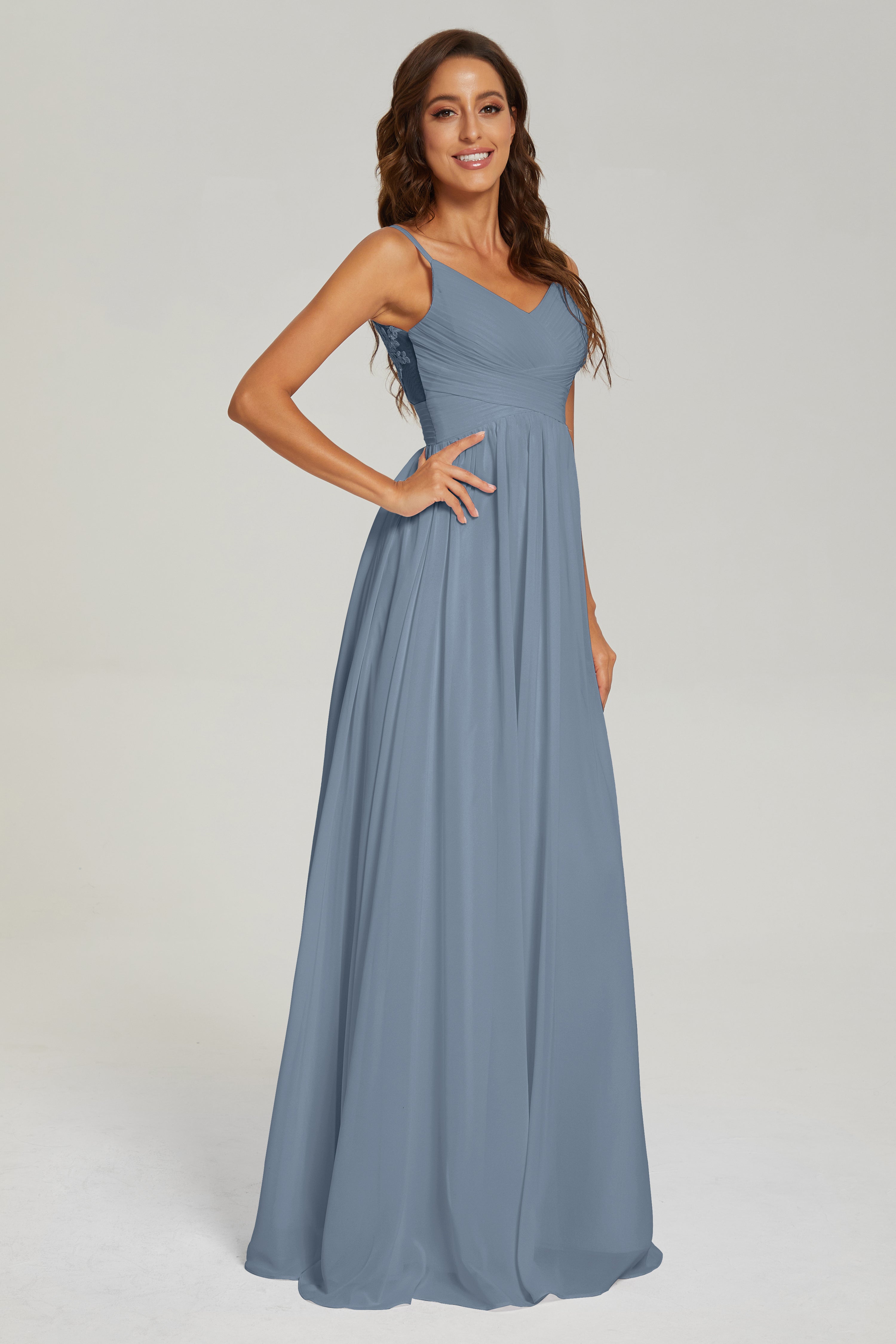 A-line V Neck Pleating Long Chiffon Prom Dresses