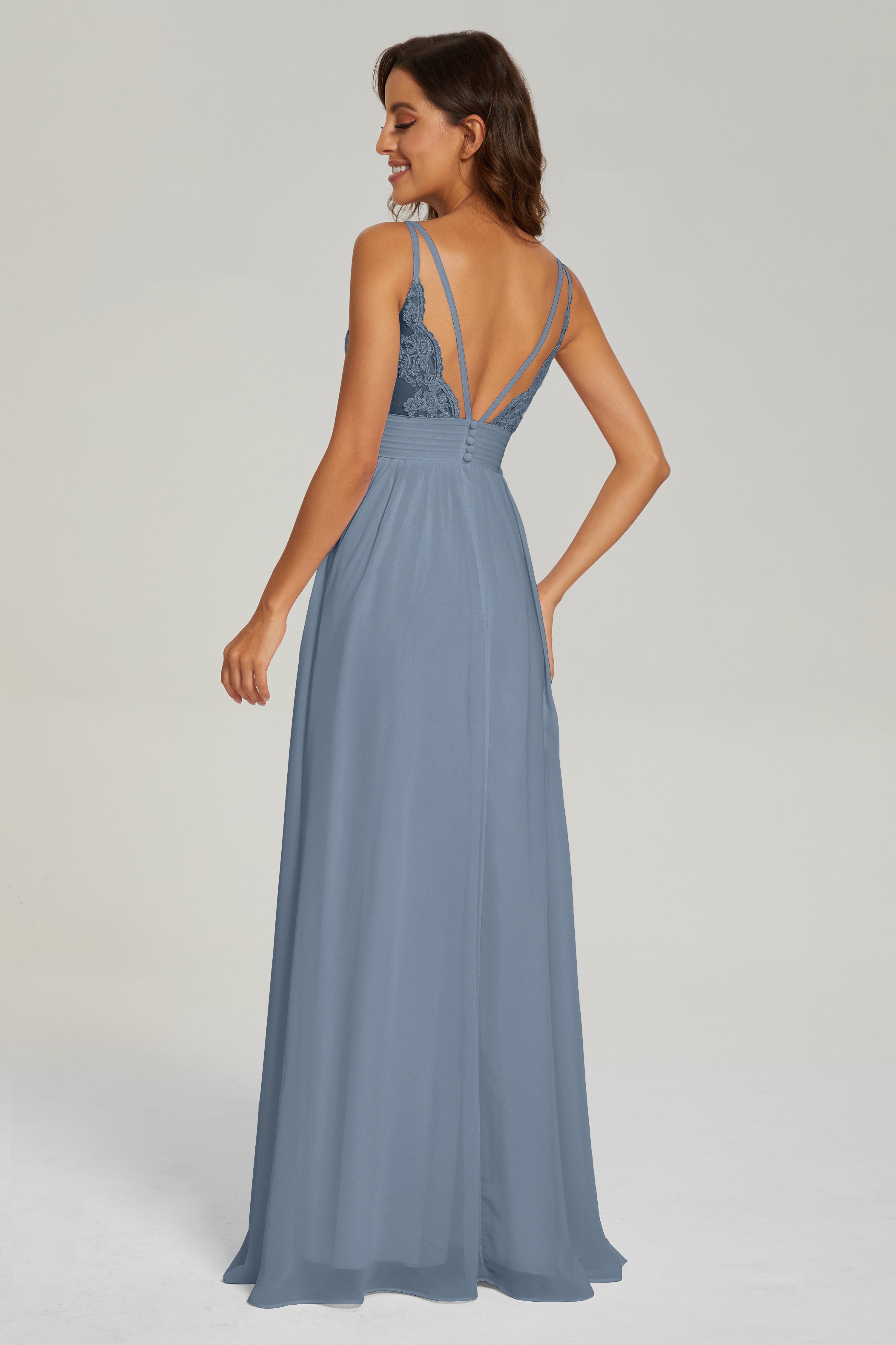 A-line V Neck Pleating Long Chiffon Prom Dresses