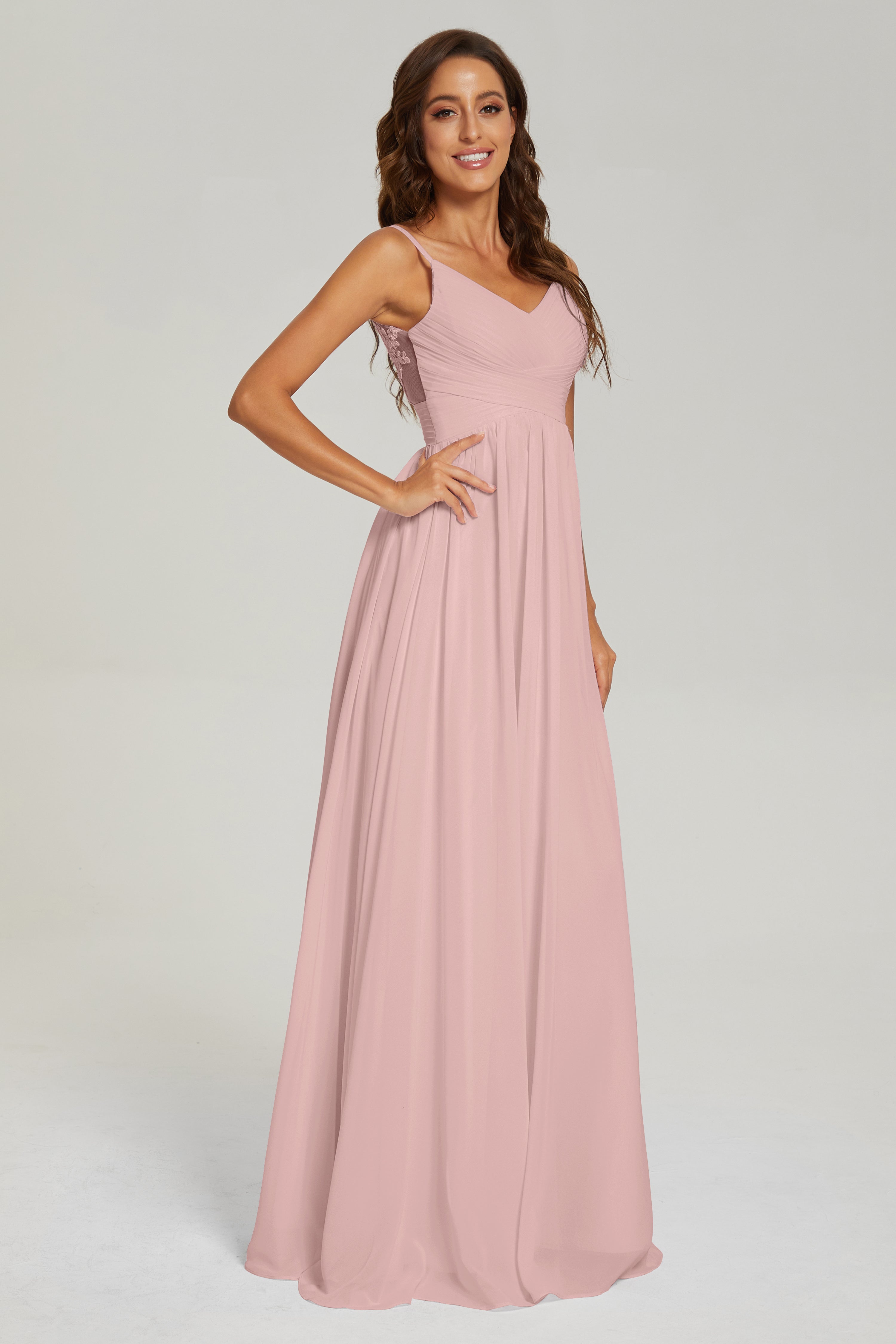 A-line V Neck Pleating Long Chiffon Prom Dresses