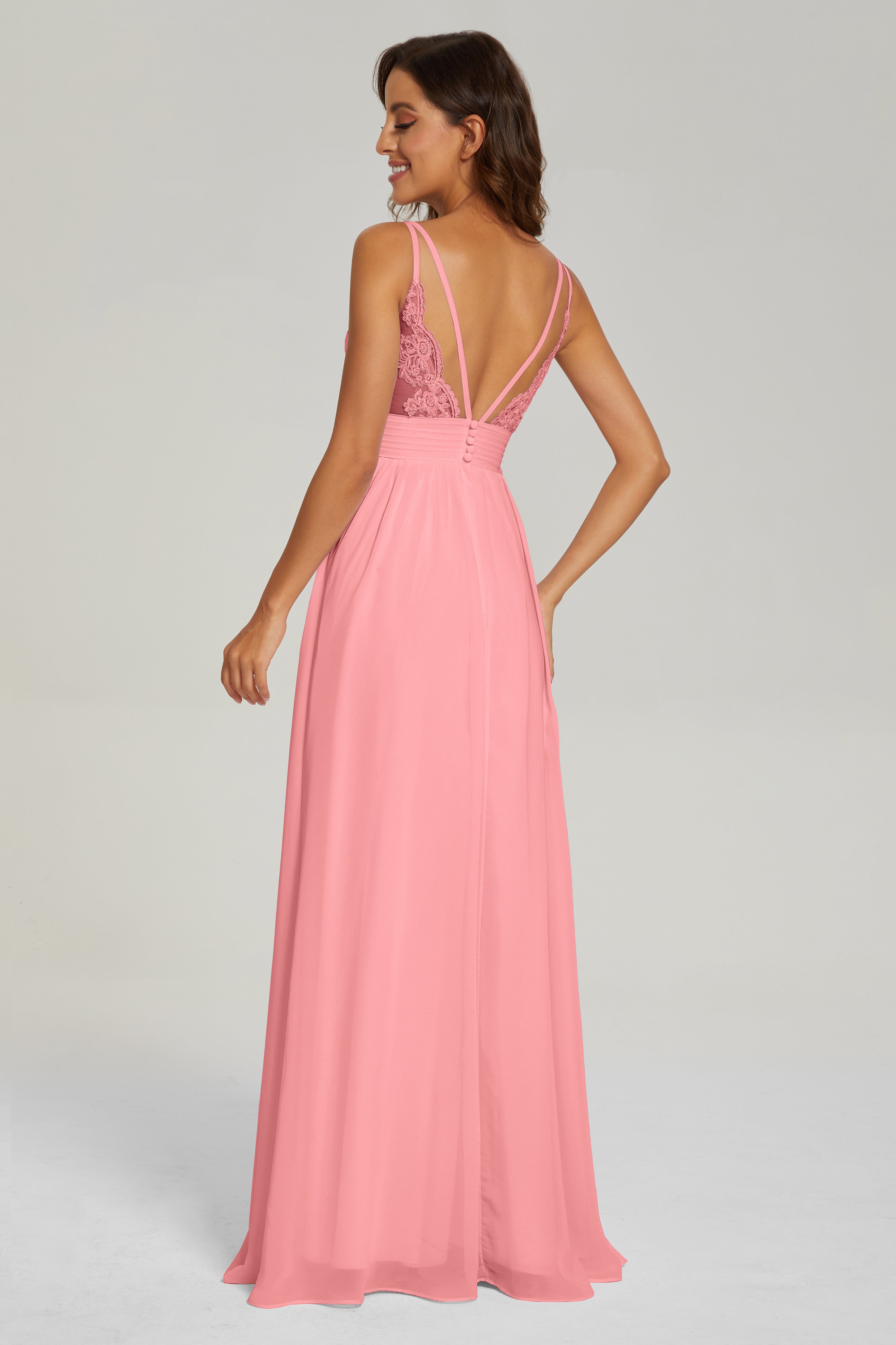 A-line V Neck Pleating Long Chiffon Prom Dresses