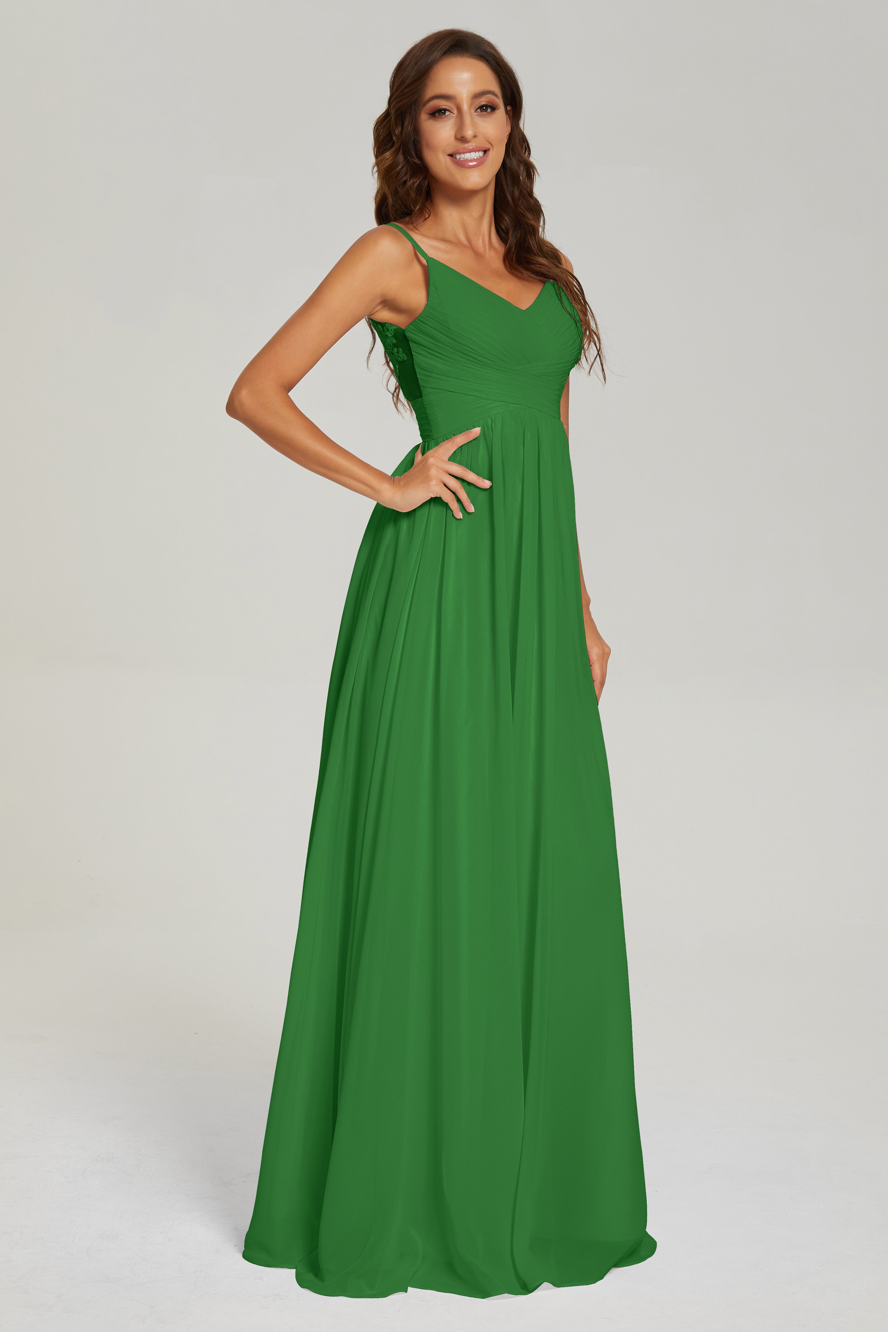 A-line V Neck Pleating Long Chiffon Prom Dresses