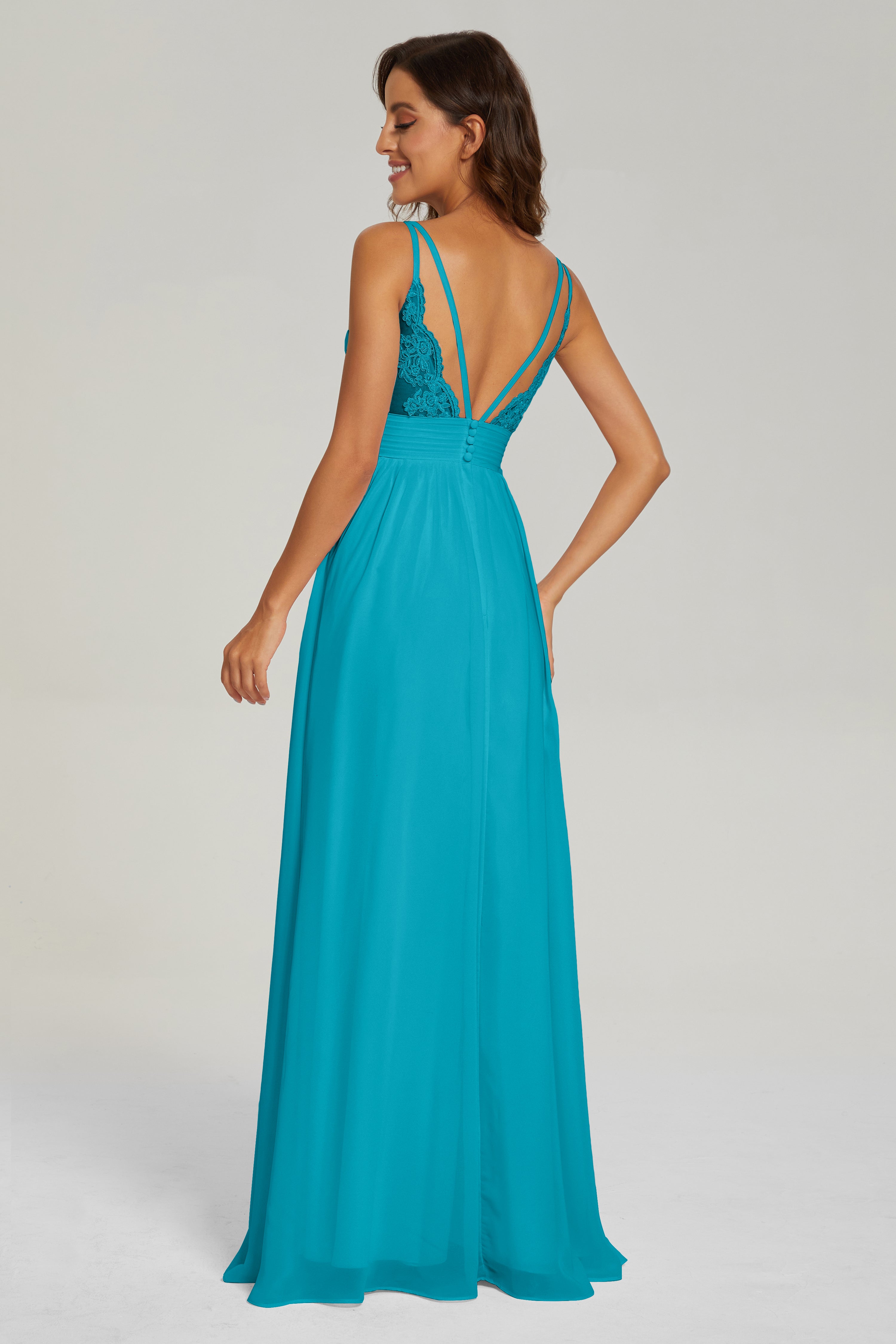 A-line V Neck Pleating Long Chiffon Prom Dresses