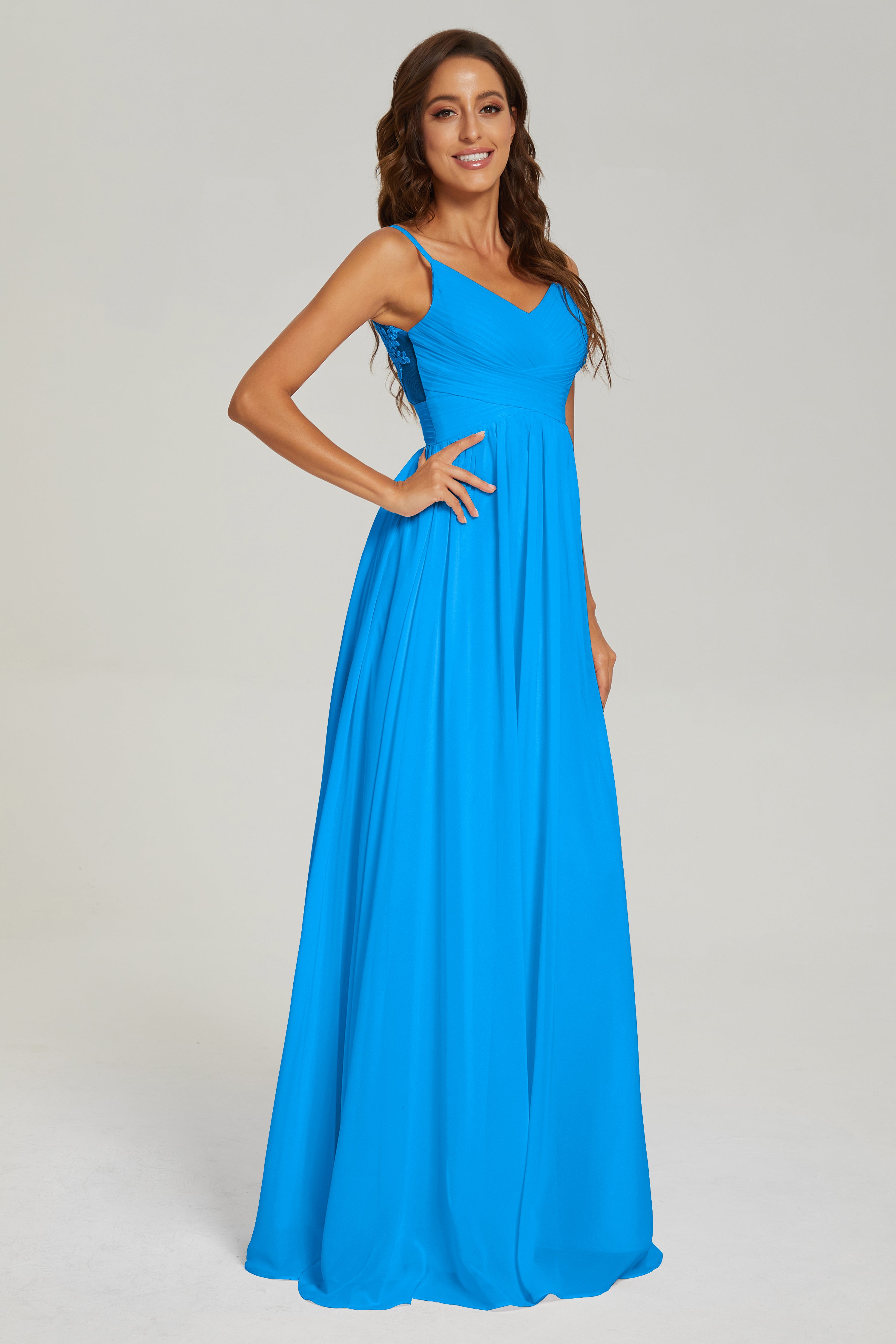 A-line V Neck Pleating Long Chiffon Prom Dresses