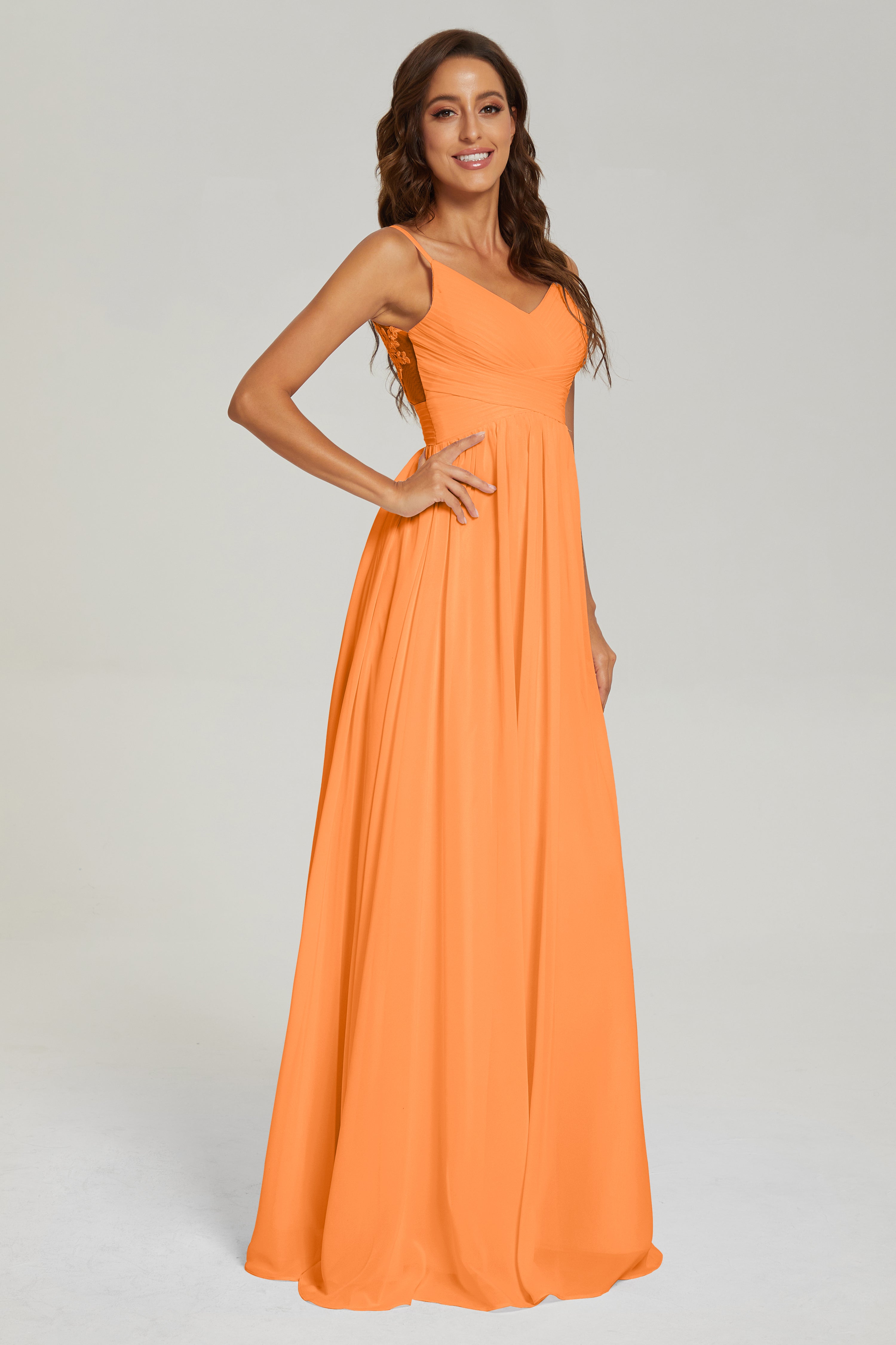 A-line V Neck Pleating Long Chiffon Prom Dresses