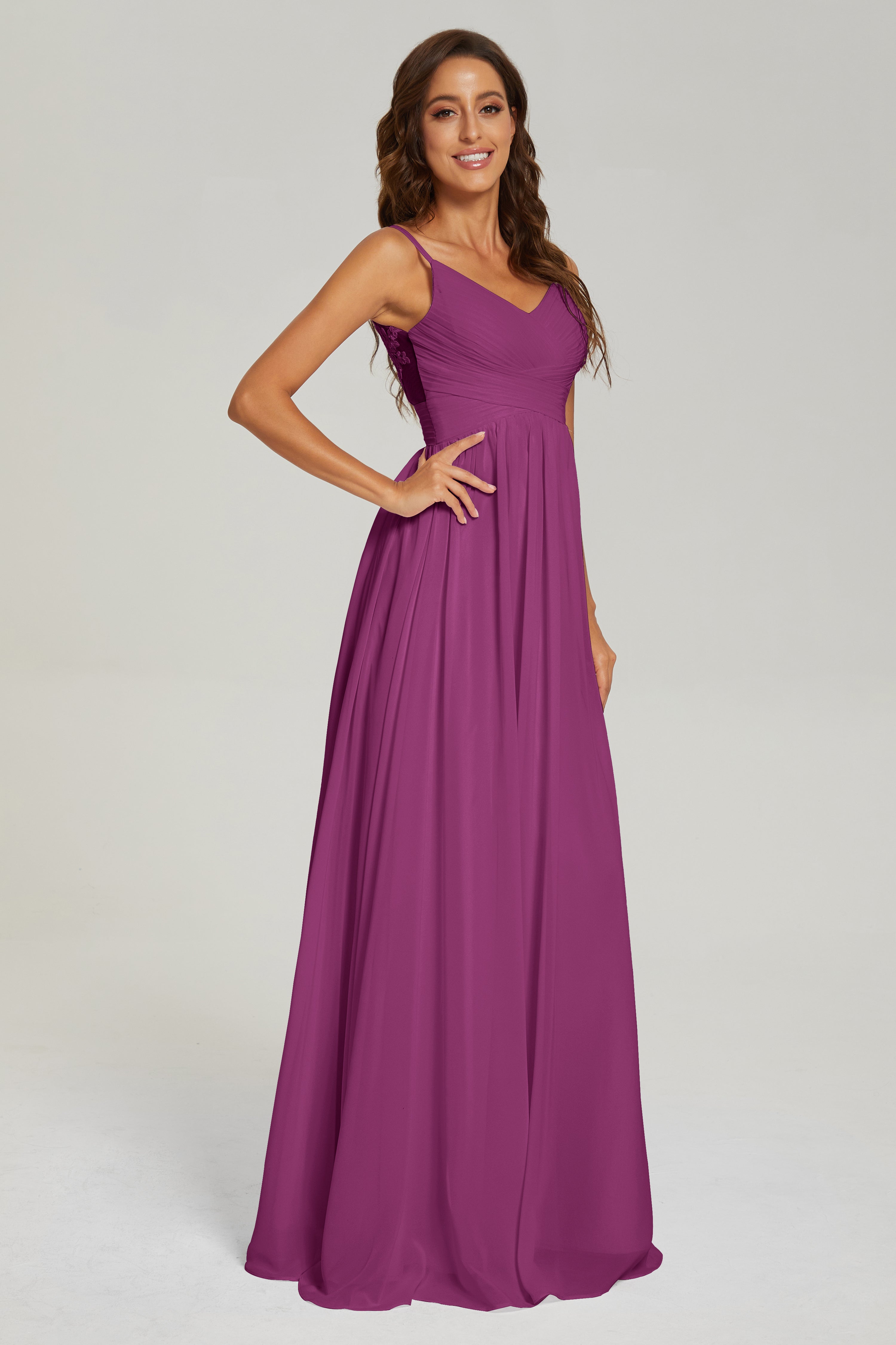 A-line V Neck Pleating Long Chiffon Prom Dresses