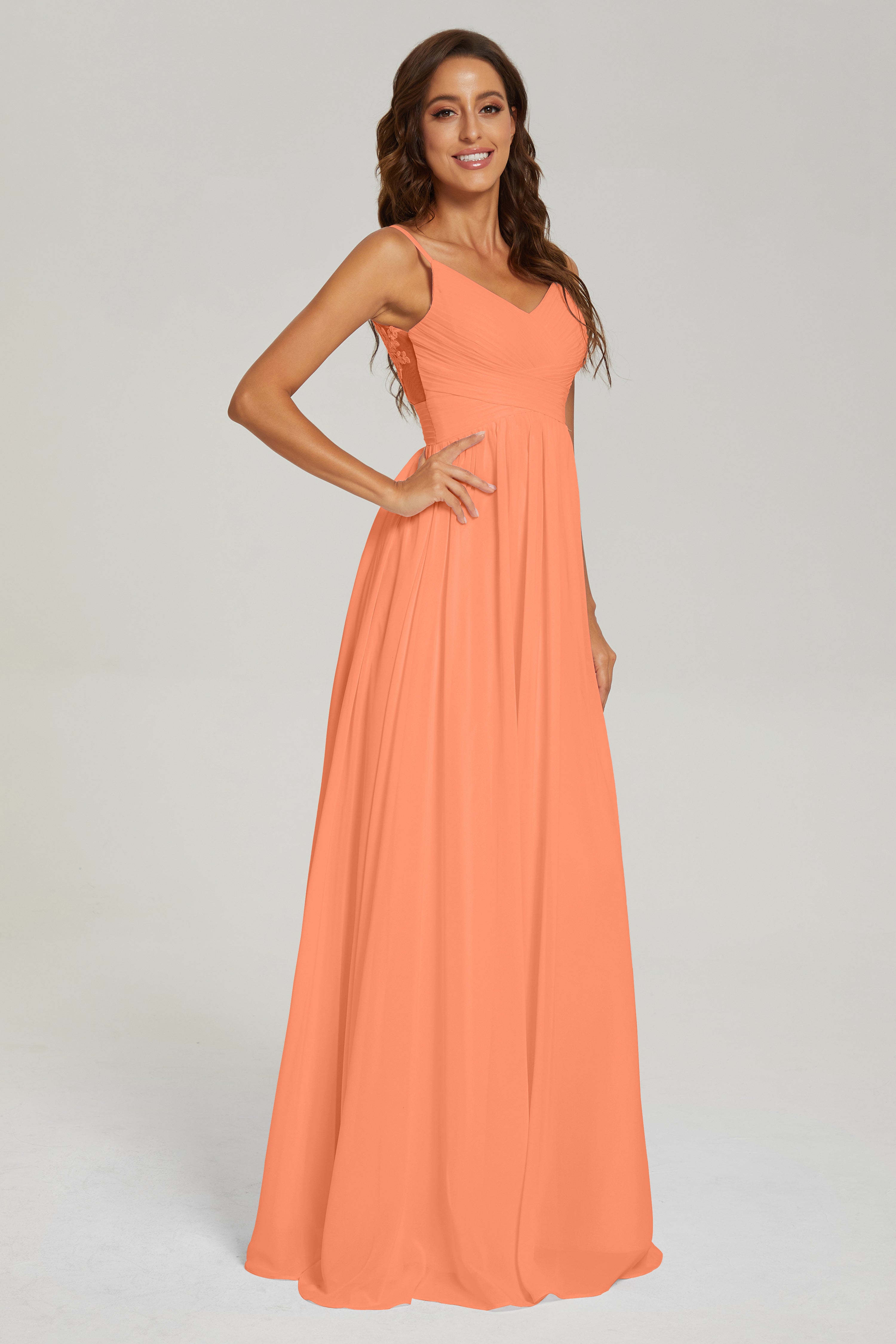 A-line V Neck Pleating Long Chiffon Prom Dresses