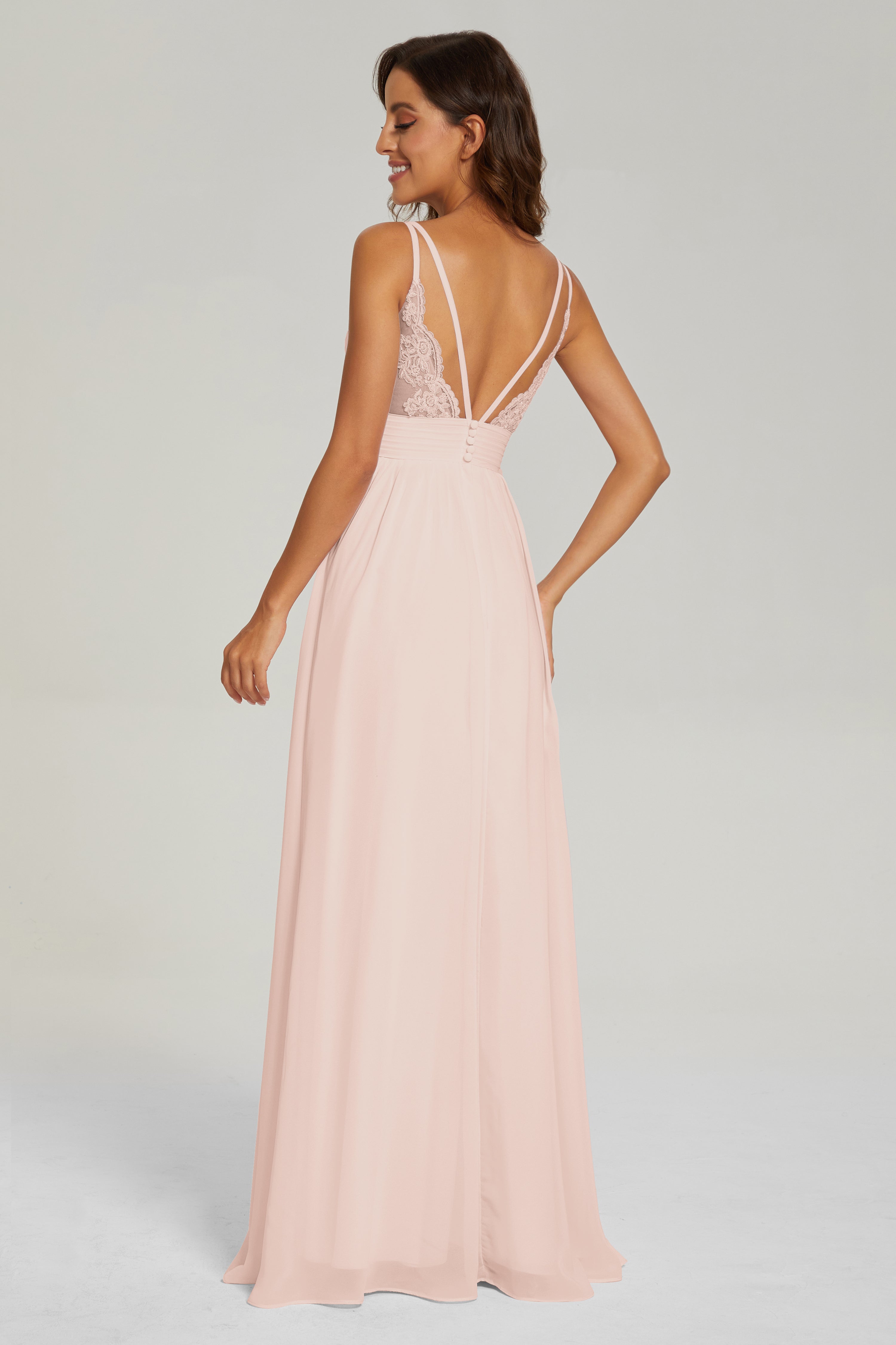 A-line V Neck Pleating Long Chiffon Prom Dresses