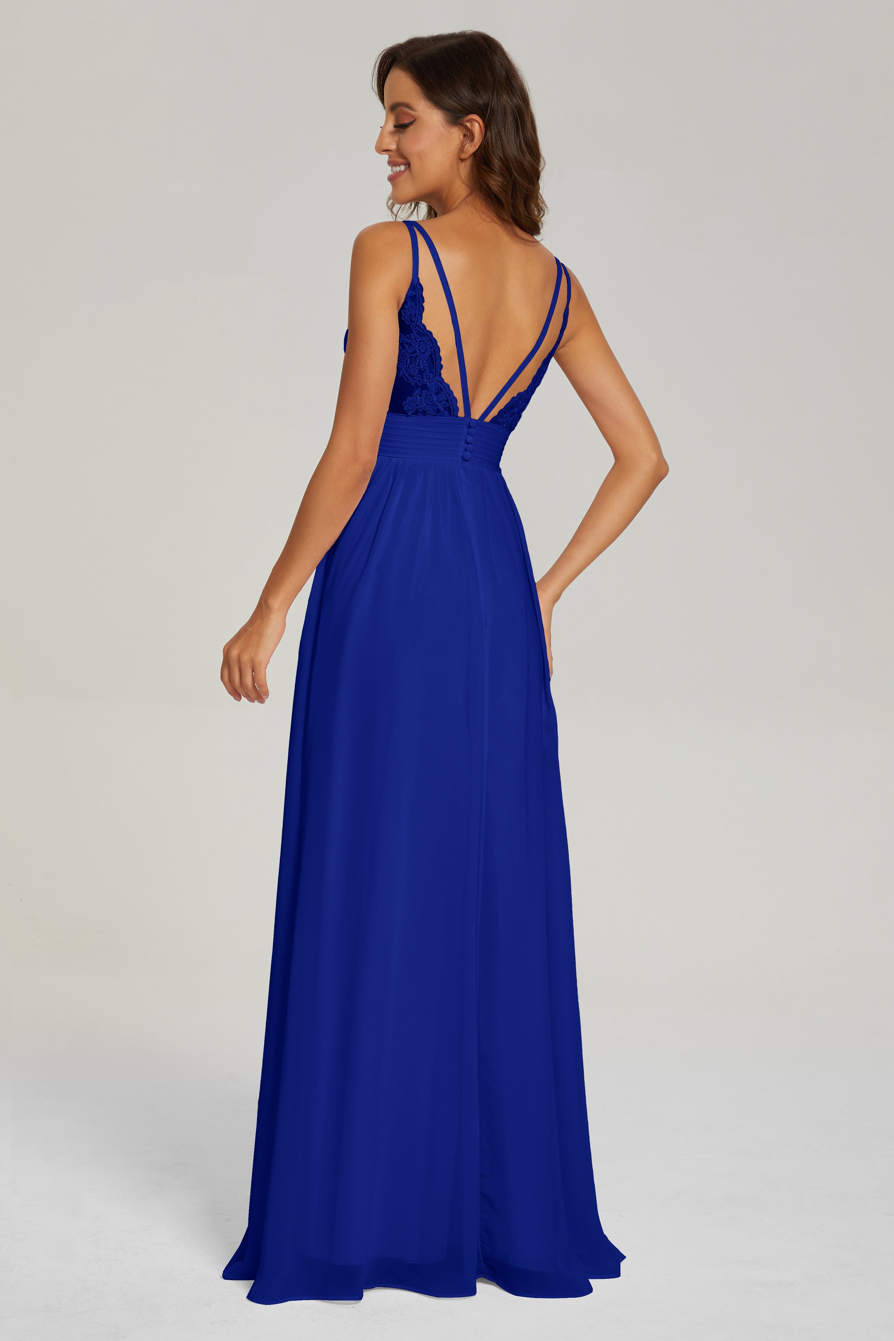 A-line V Neck Pleating Long Chiffon Prom Dresses